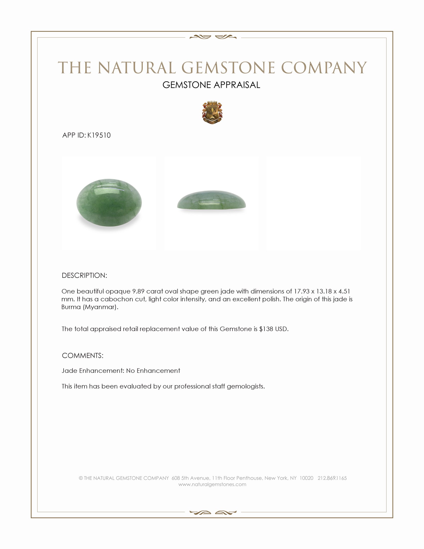 9.89 Ct. Green Cabochon Jade from Burma (Myanmar)