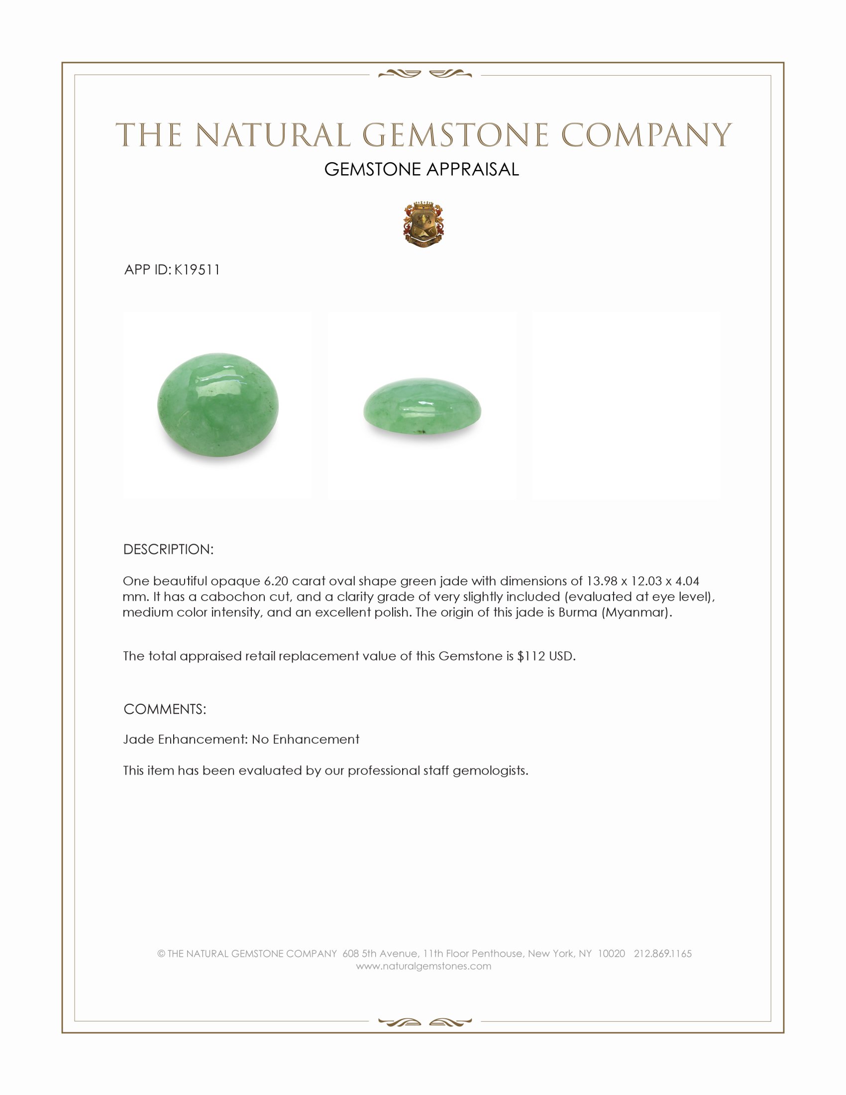 6.20 Ct. Green Cabochon Jade from Burma (Myanmar)