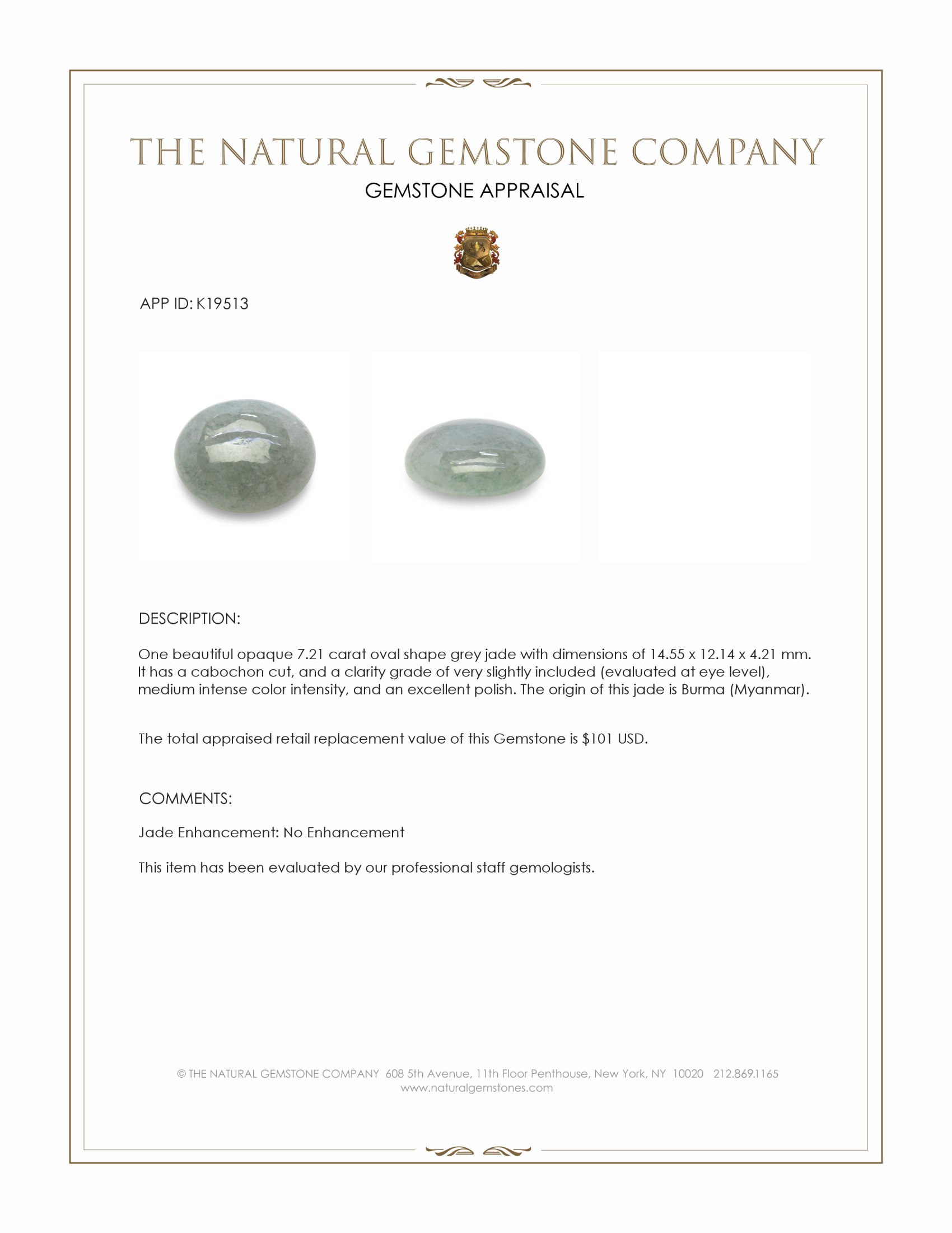 7.21 Ct. Grey Cabochon Jade from Burma (Myanmar)