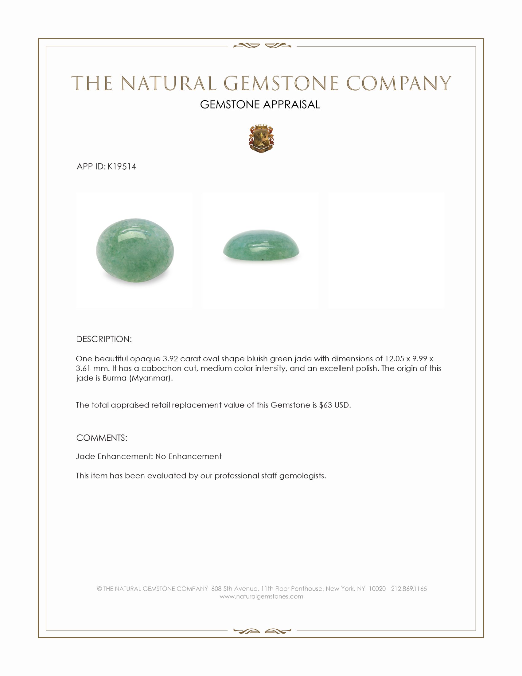 3.92 Ct. Bluish Green Cabochon Jade from Burma (Myanmar)