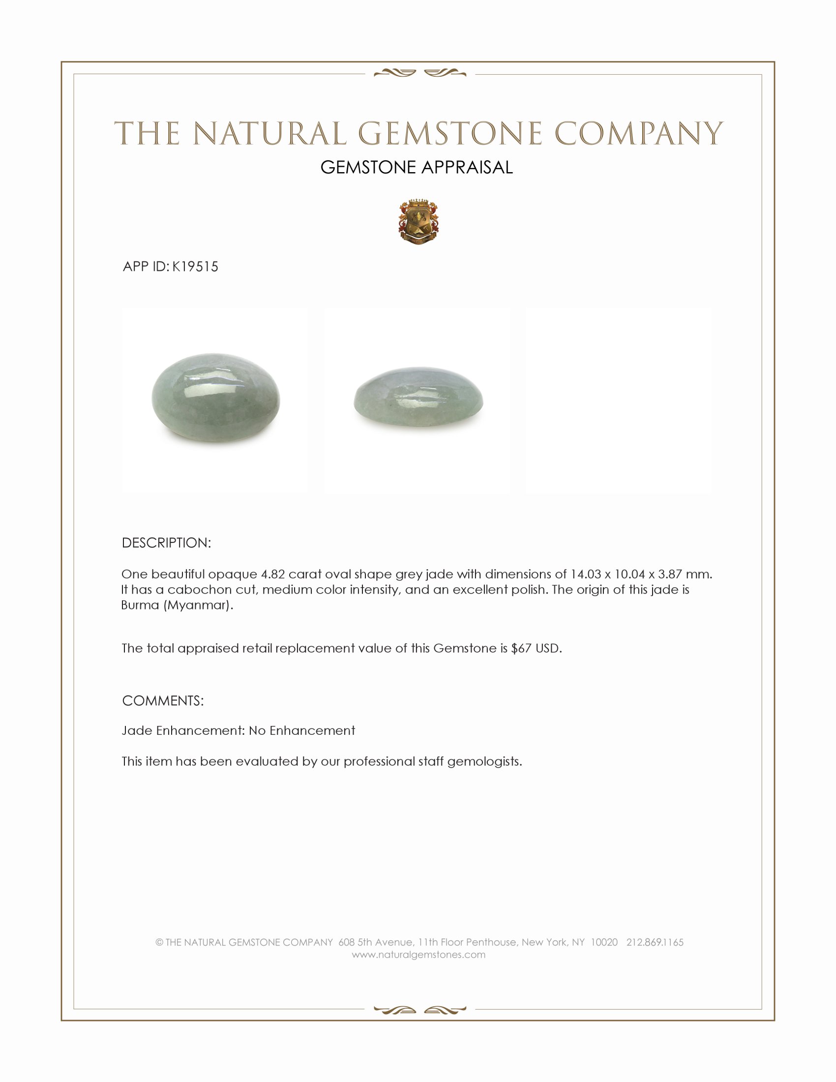 4.82 Ct. Grey Cabochon Jade from Burma (Myanmar)