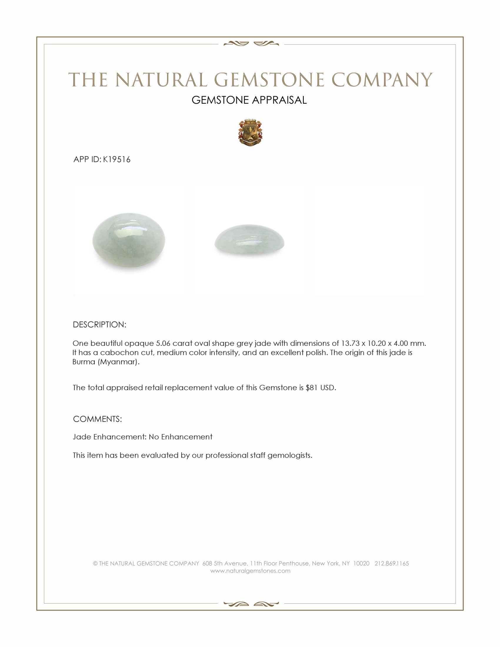 5.06 Ct. Grey Cabochon Jade from Burma (Myanmar)