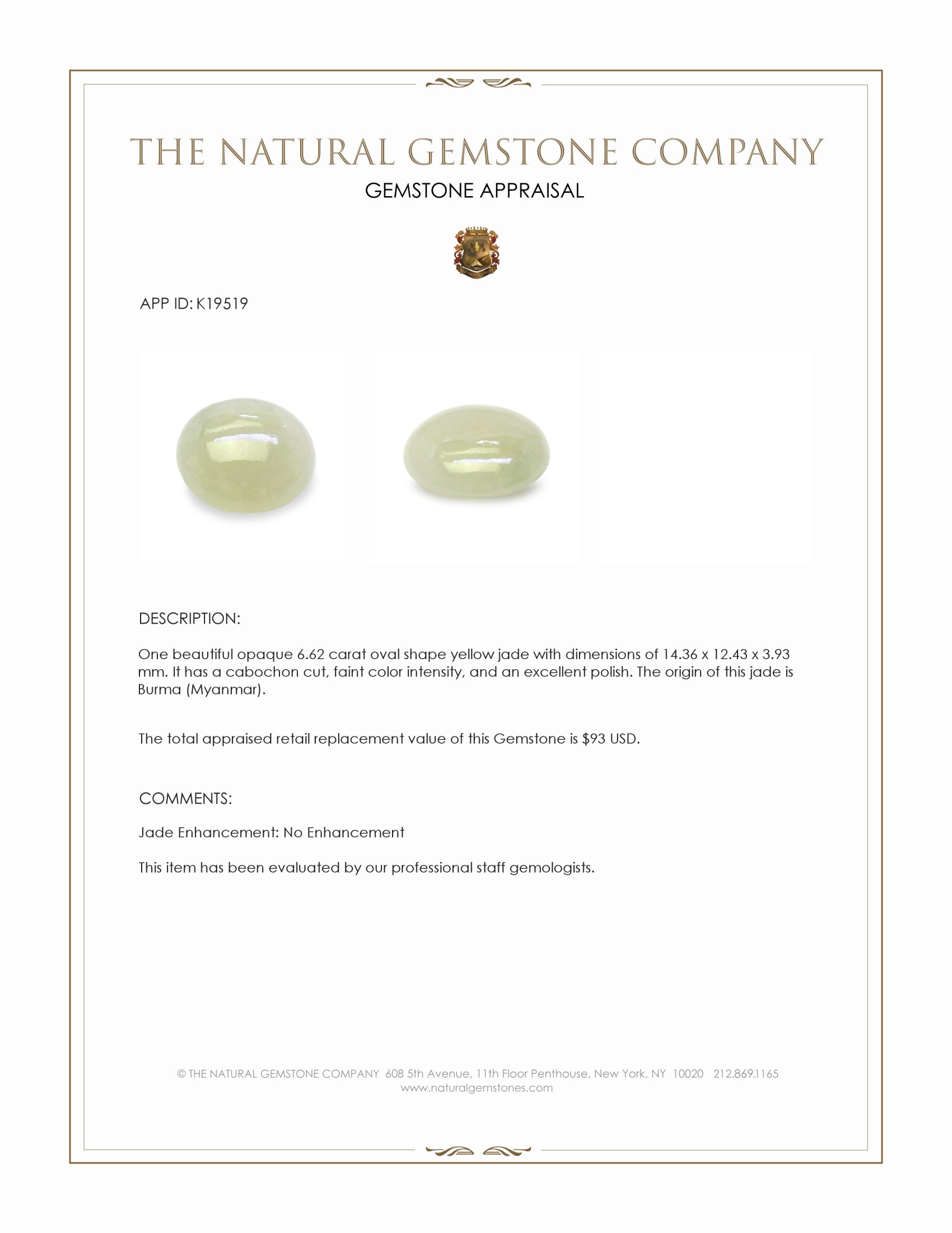 6.62 Ct. Yellow Cabochon Jade from Burma (Myanmar)