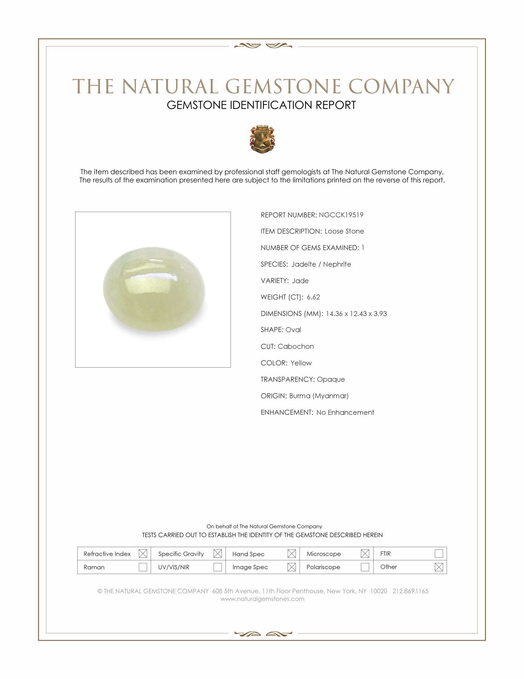 6.62 Ct. Yellow Cabochon Jade from Burma (Myanmar)