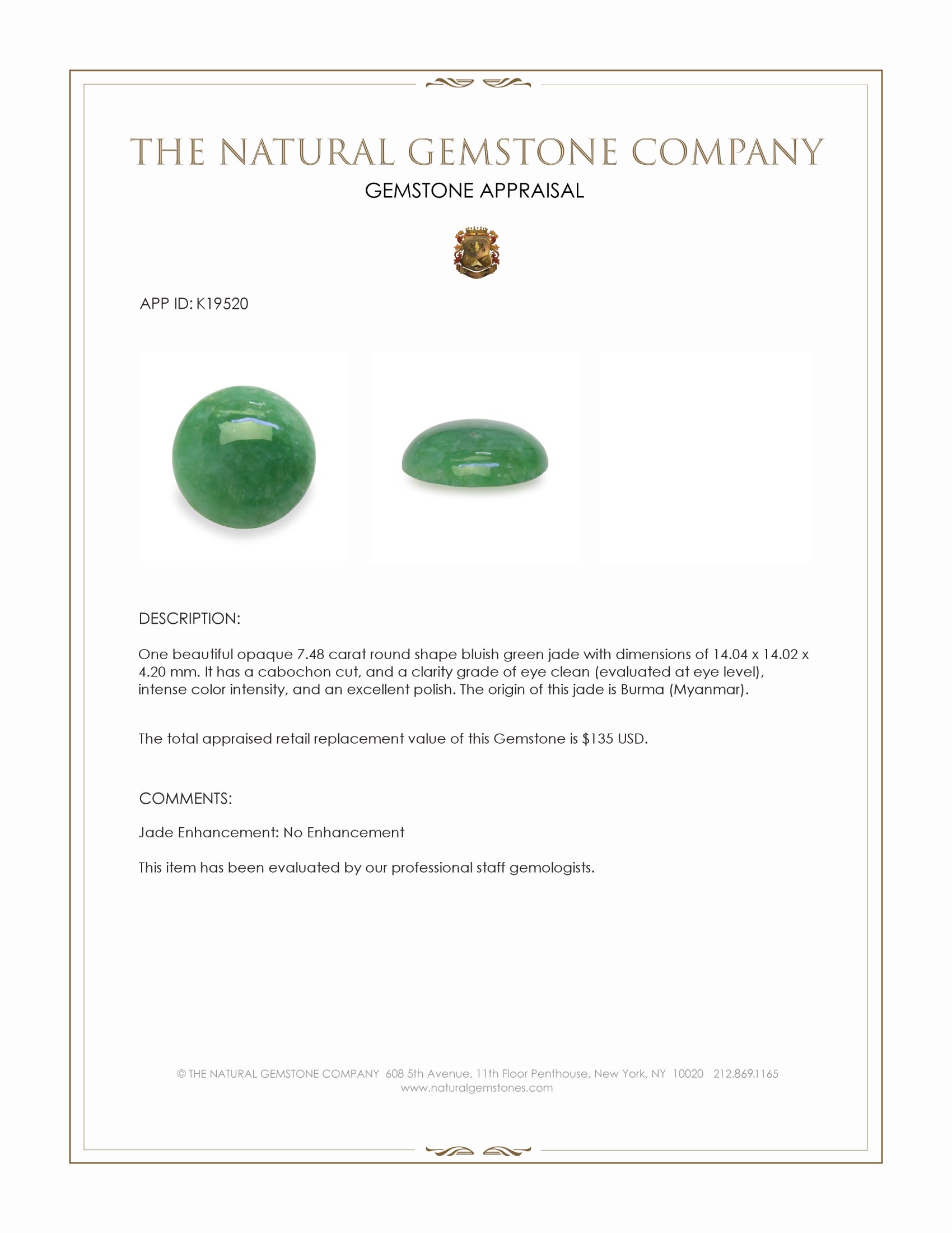 7.48 Ct. Cabochon Jade from Burma (Myanmar)