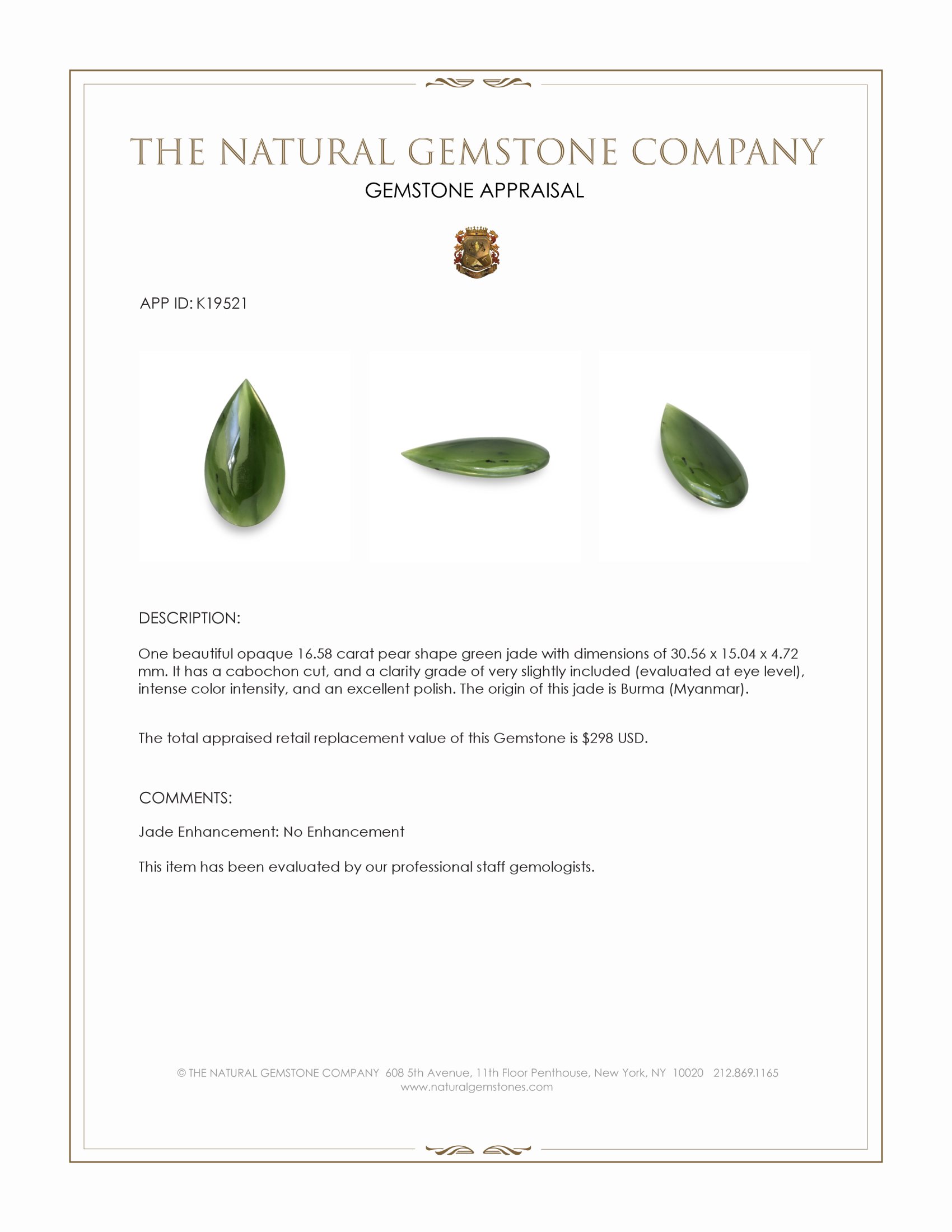 16.58 Ct. Green Cabochon Jade from Burma (Myanmar)