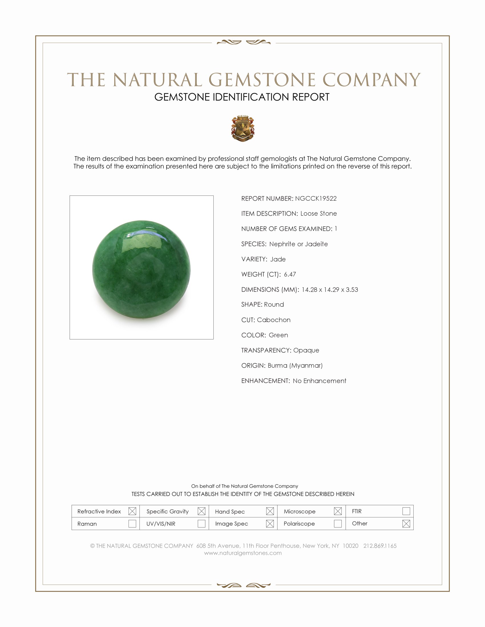 6.47 Ct. Cabochon Jade from Burma (Myanmar)