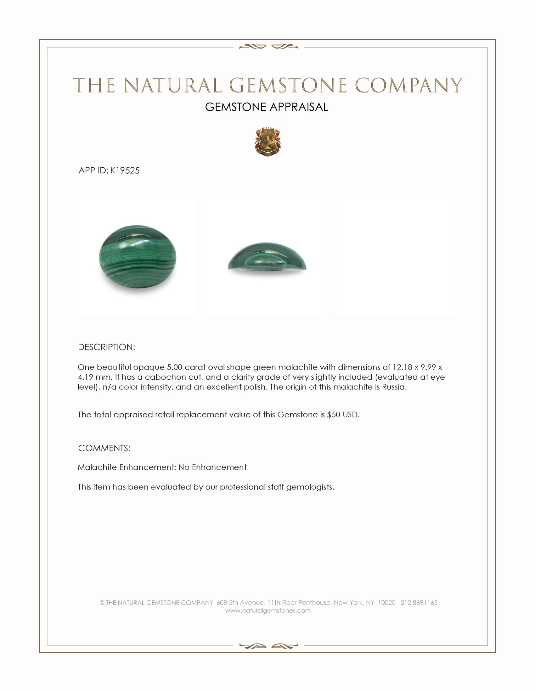 5.00 Ct. Cabochon Malachite from Russia