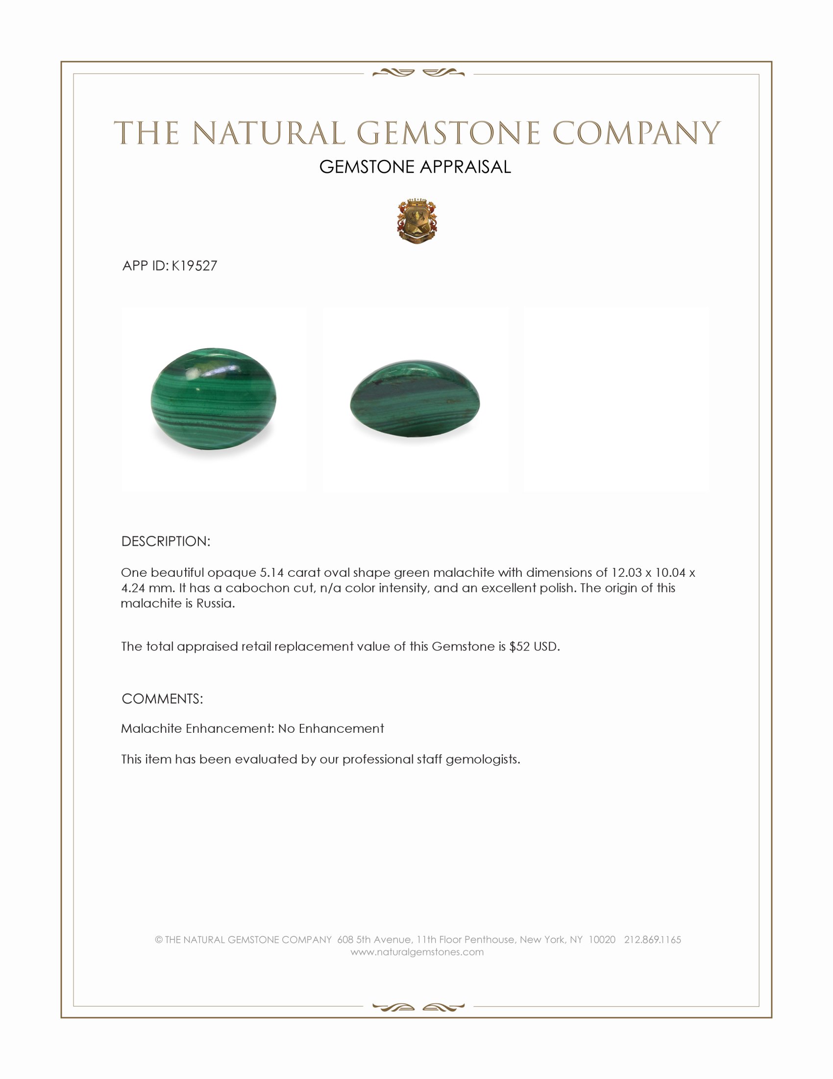 5.14 Ct. Cabochon Malachite from Russia