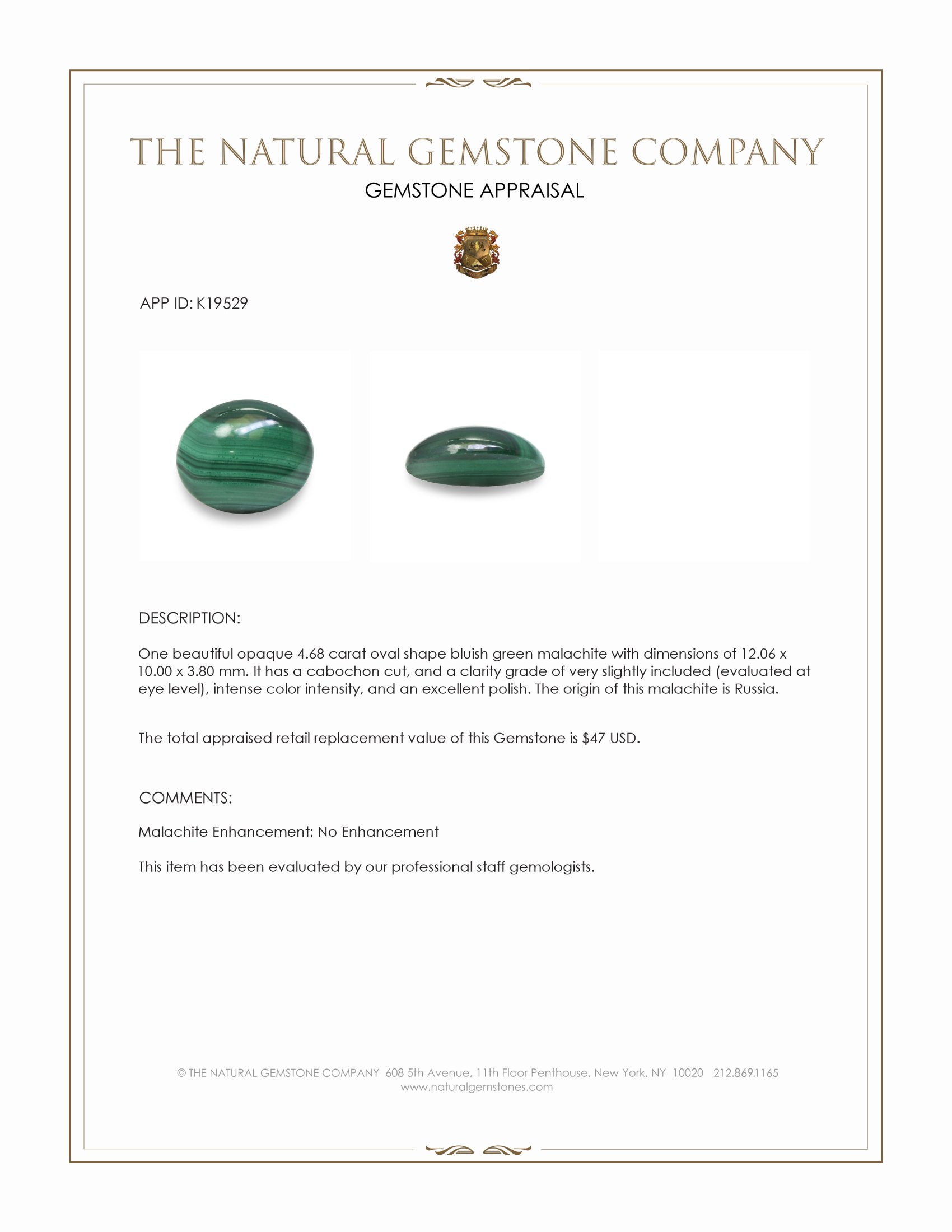 4.68 Ct. Cabochon Malachite from Russia