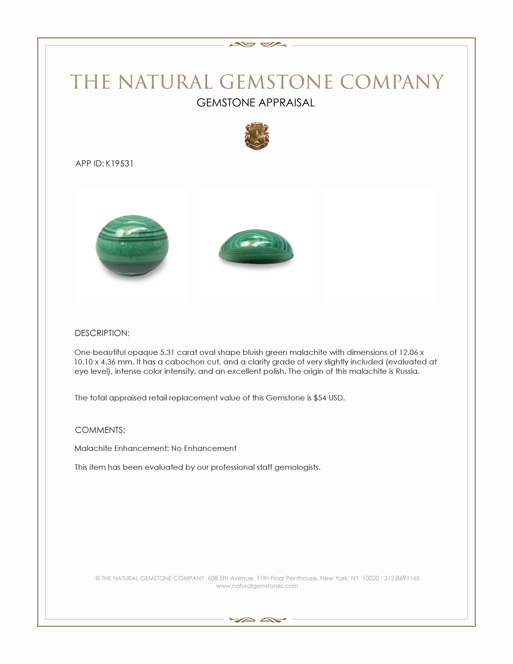 5.31 Ct. Cabochon Malachite from Russia