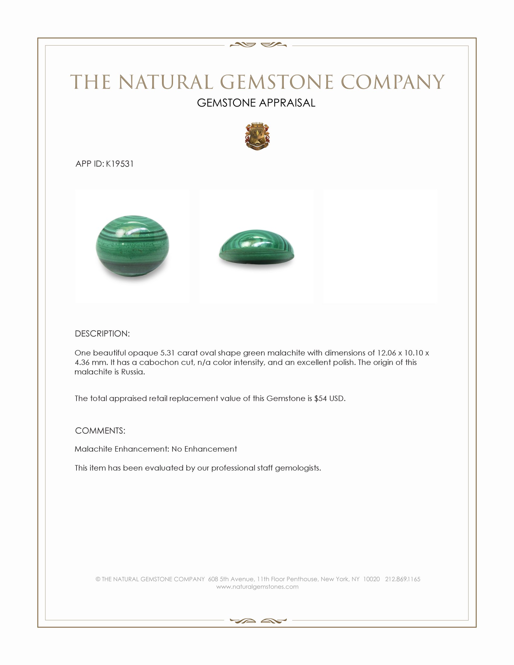 5.31 Ct. Cabochon Malachite from Russia
