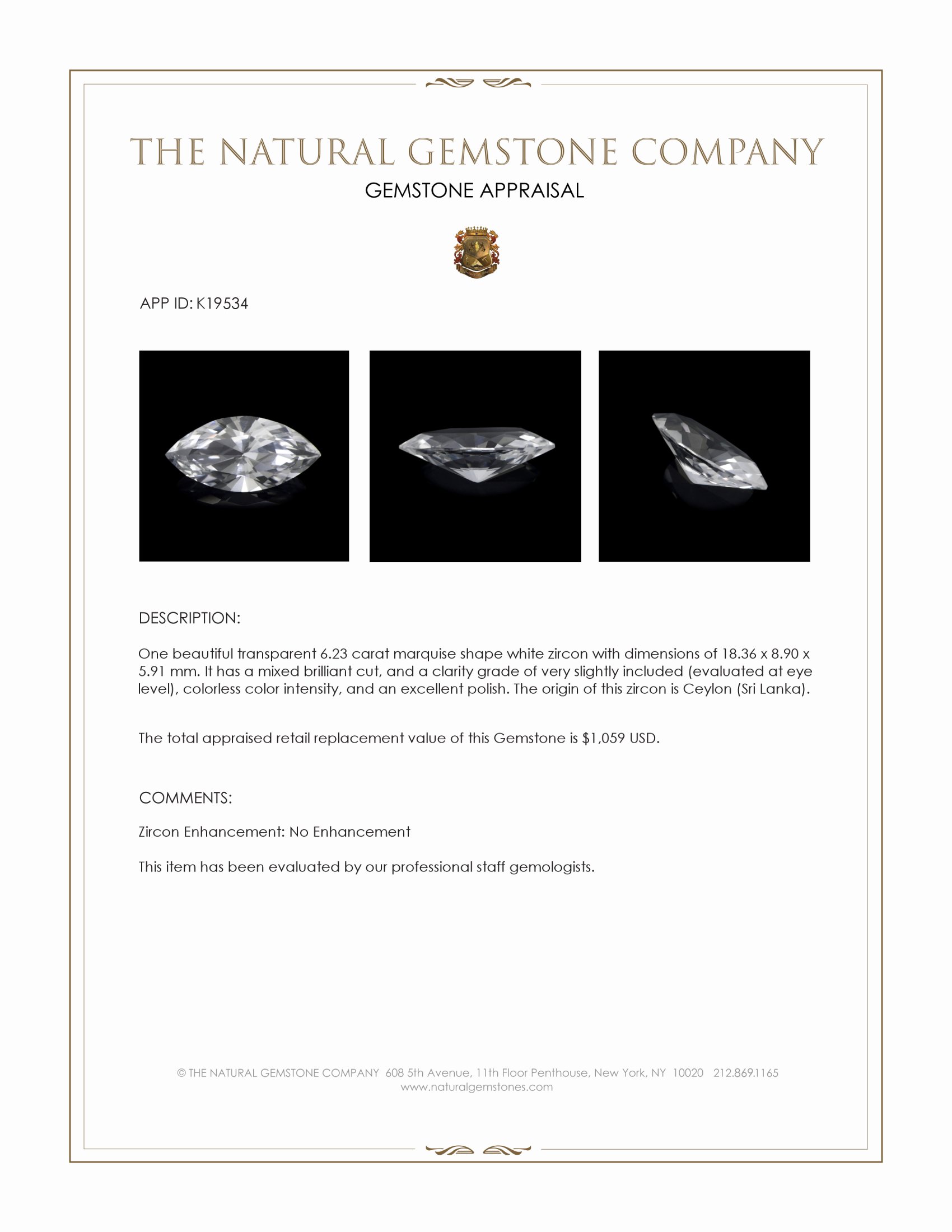 6.23 Ct. White Zircon from Ceylon (Sri Lanka)