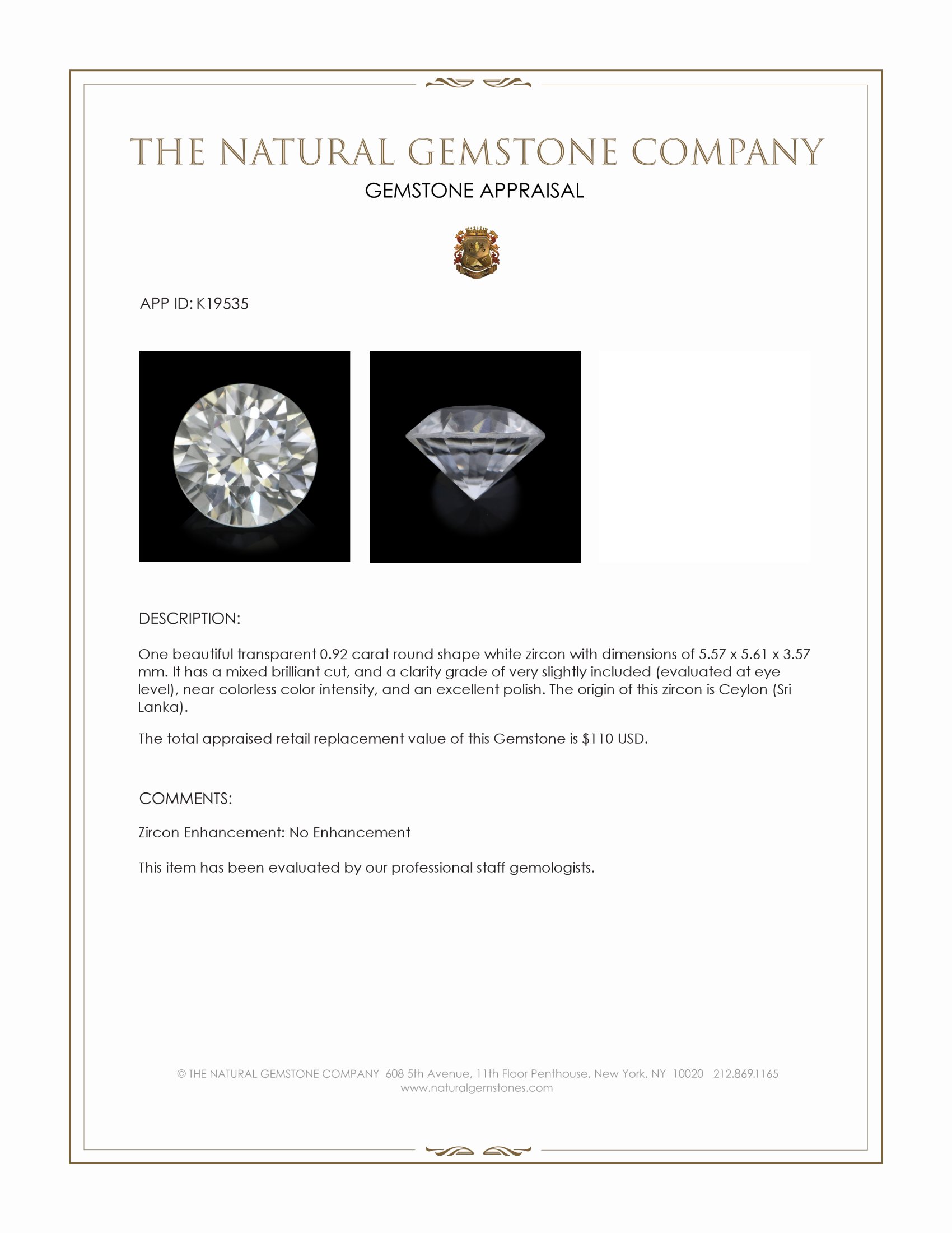 0.92 Ct. White Zircon from Ceylon (Sri Lanka)