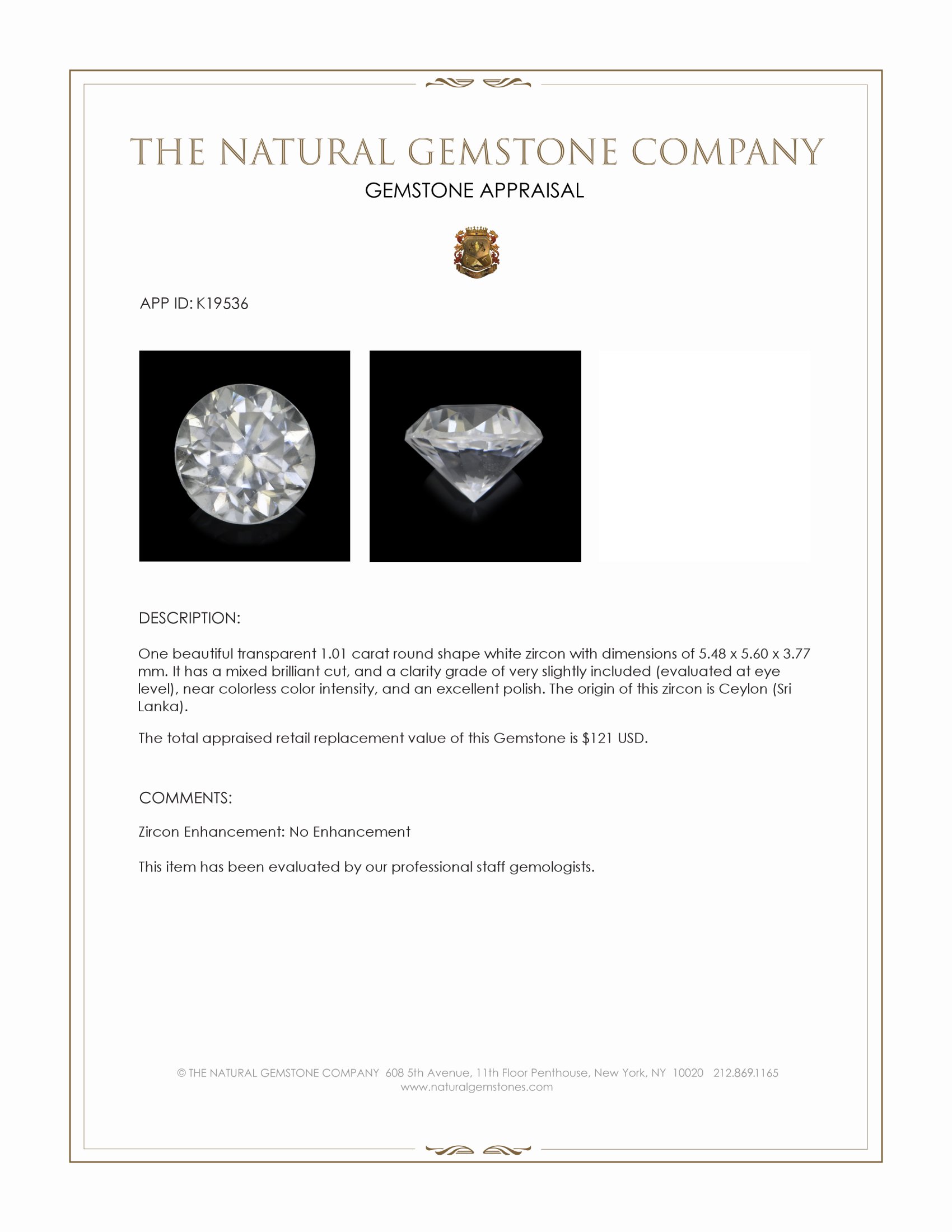 1.01 Ct. White Zircon from Ceylon (Sri Lanka)