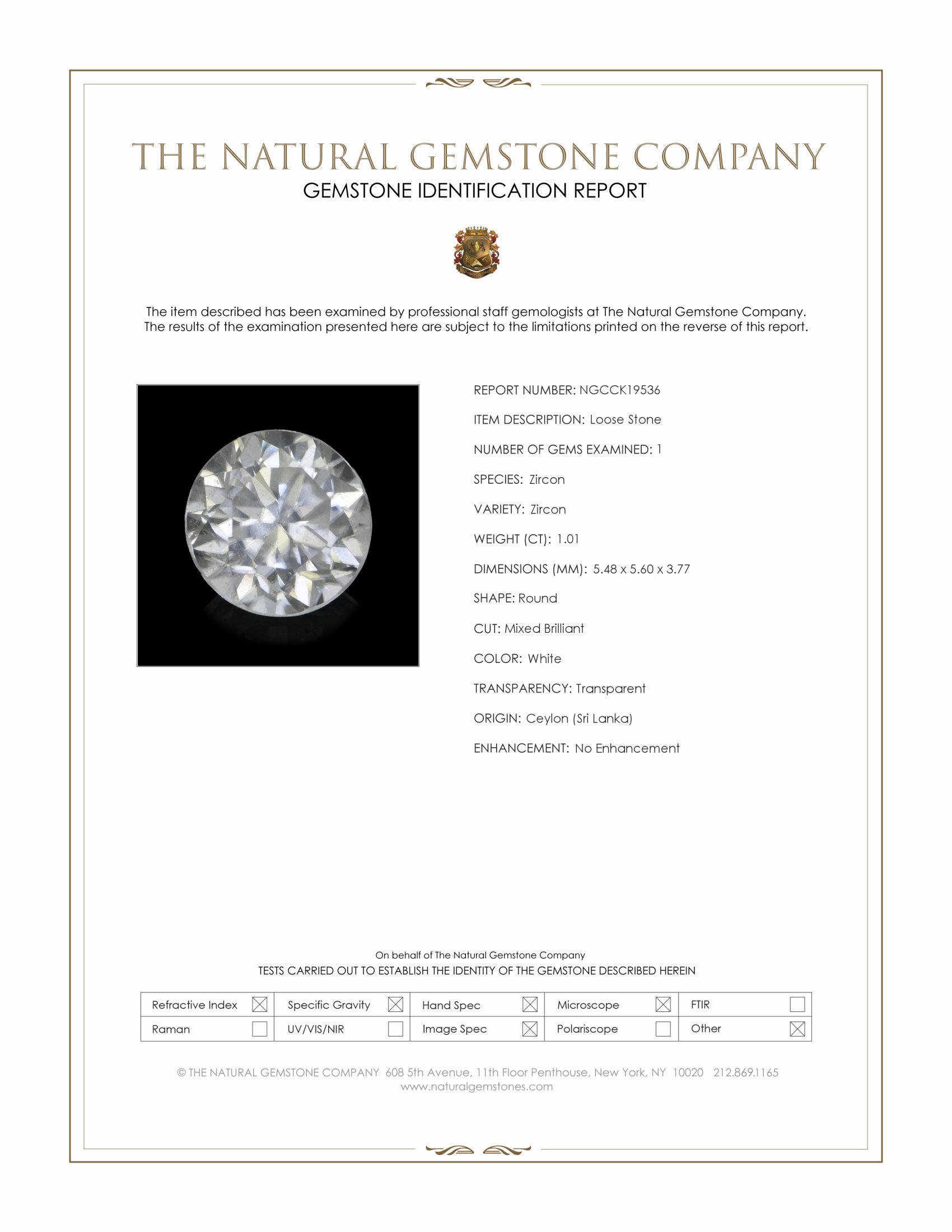 1.01 Ct. White Zircon from Ceylon (Sri Lanka)