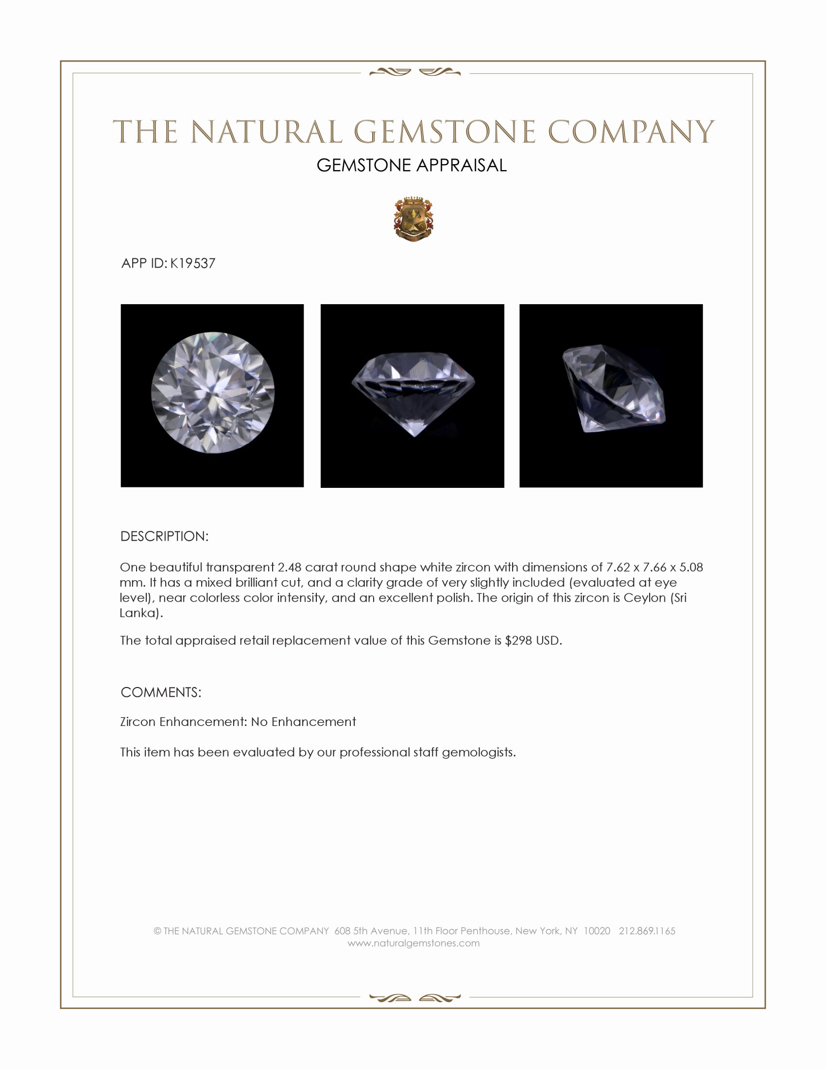 2.48 Ct. White Zircon from Ceylon (Sri Lanka)