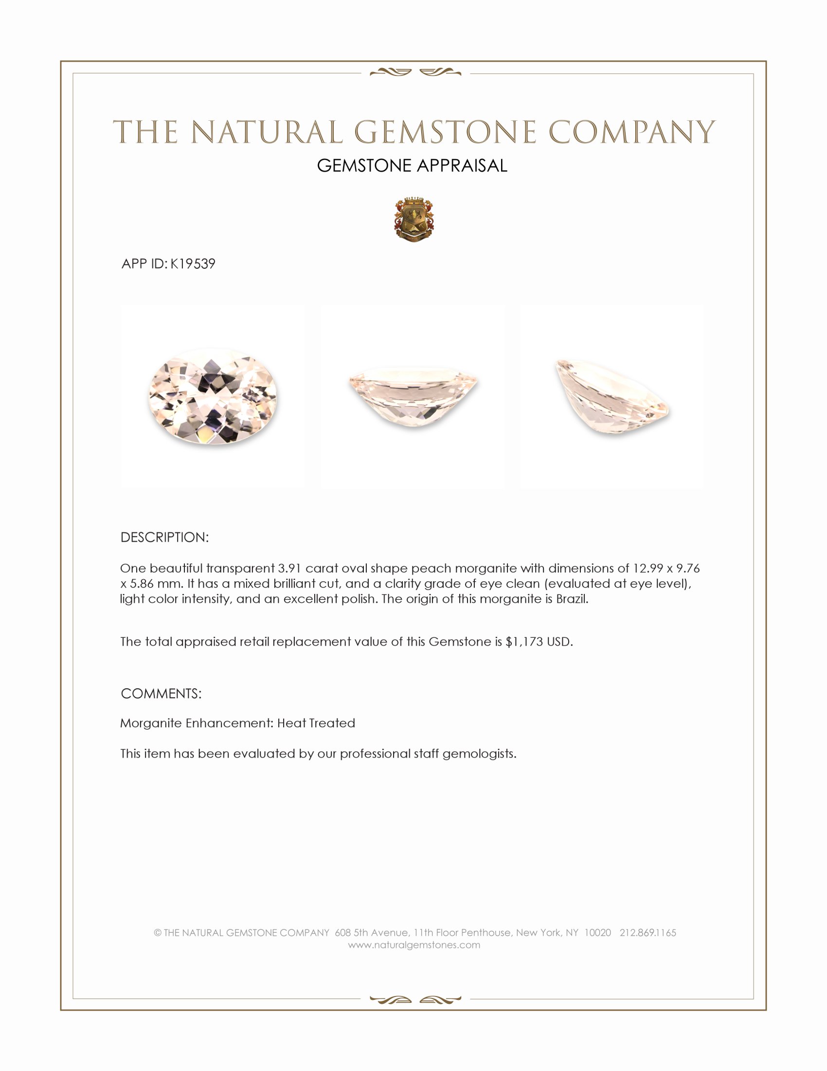 3.91 Ct. Peach Morganite from Brazil