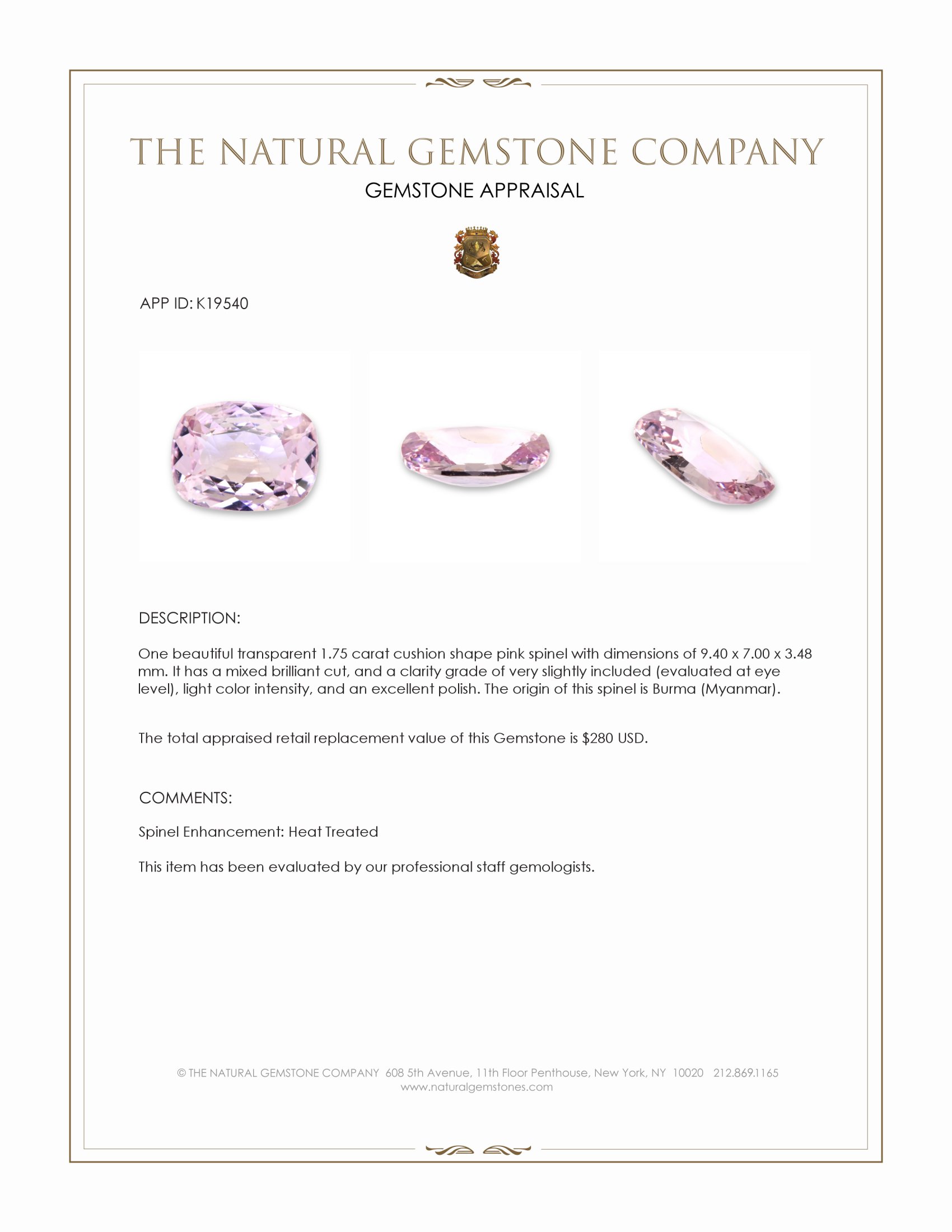 1.75 Ct. Spinel from Burma (Myanmar)