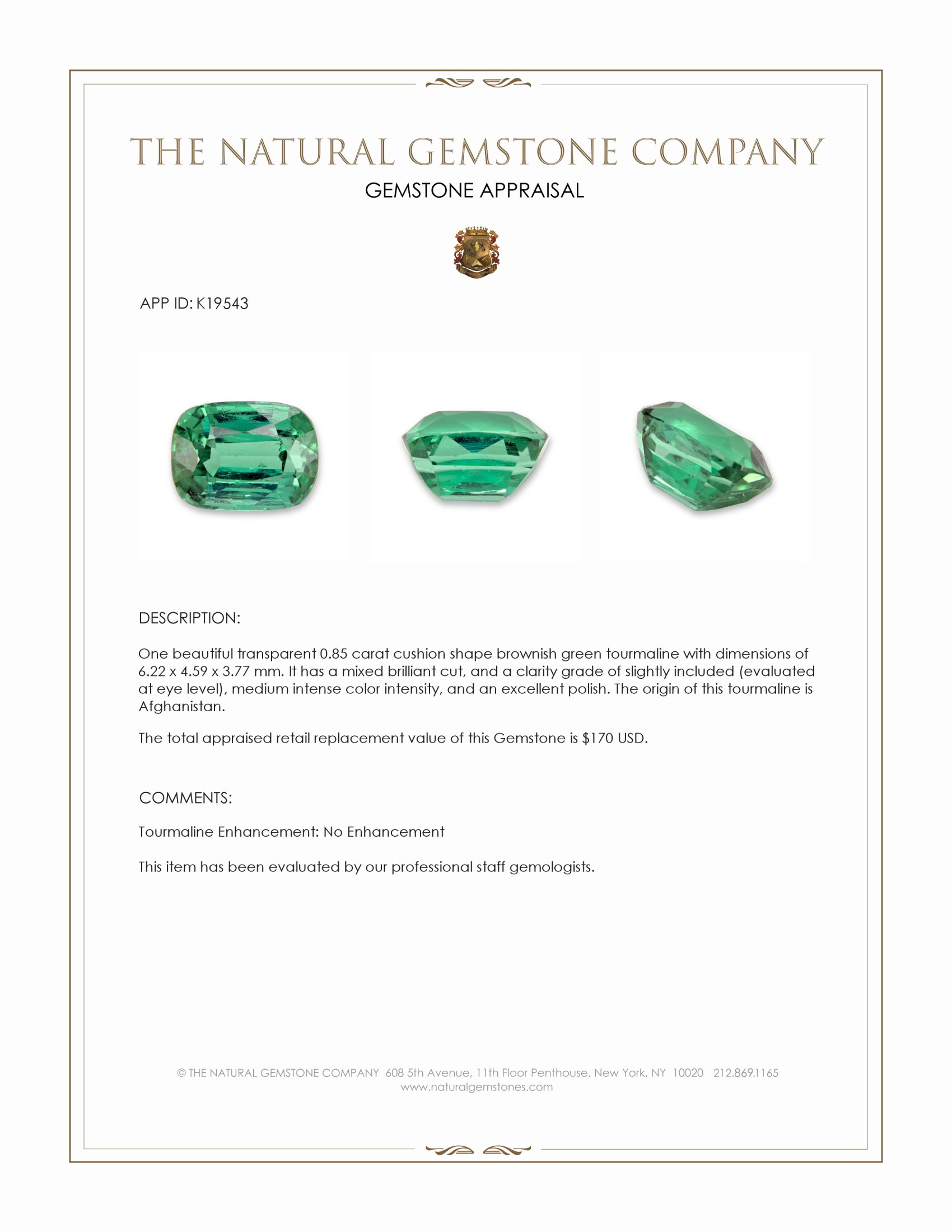 0.85 Ct. Green Tourmaline from Afghanistan