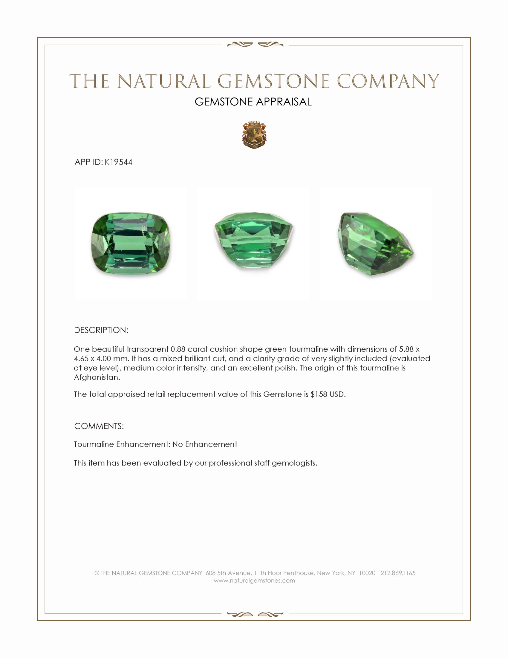 0.88 Ct. Green Tourmaline from Afghanistan