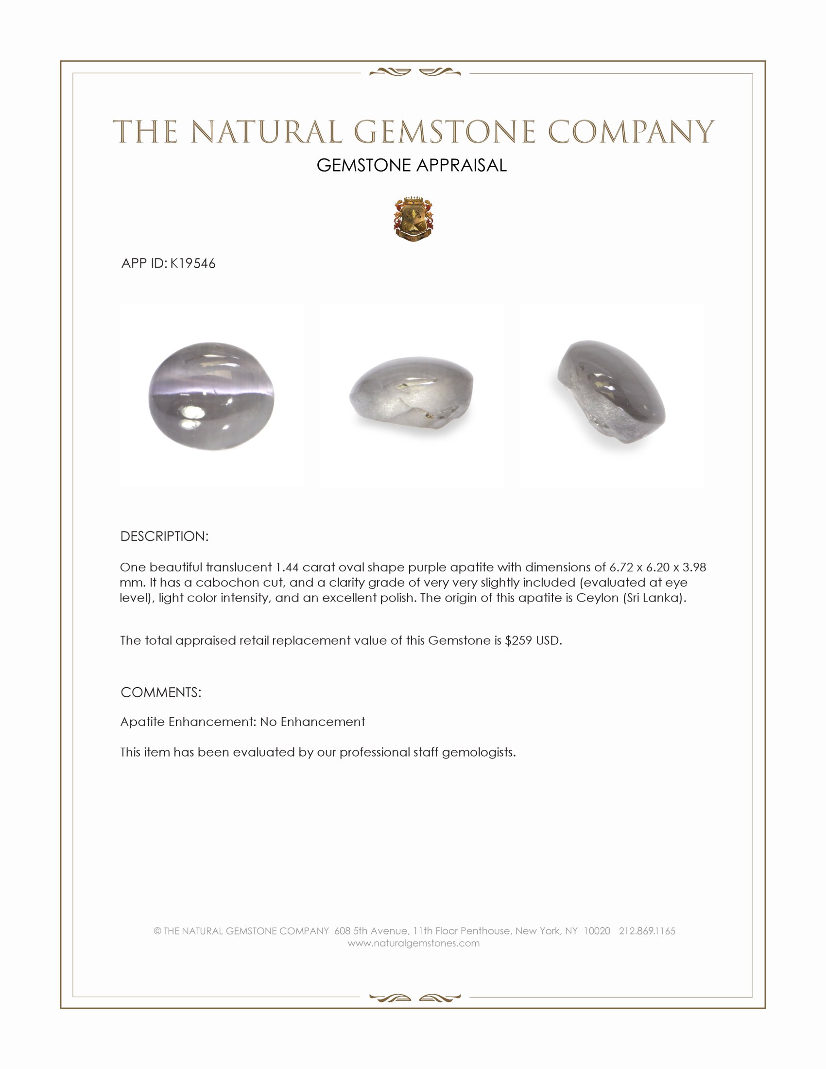 1.44 Ct. Cabochon Apatite from Ceylon (Sri Lanka)