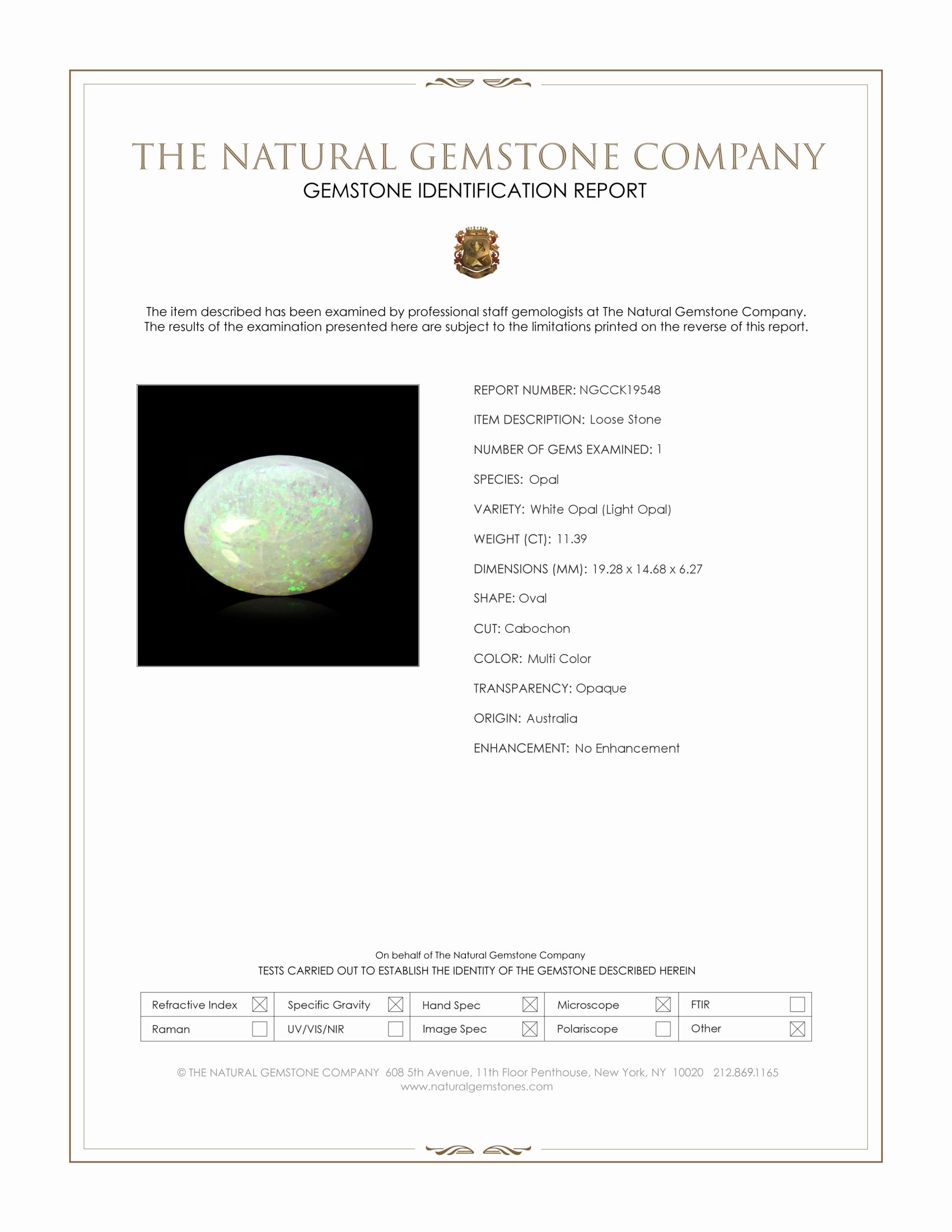 11.39 Ct. Multi Color Cabochon White Opal (Light Opal) from Australia