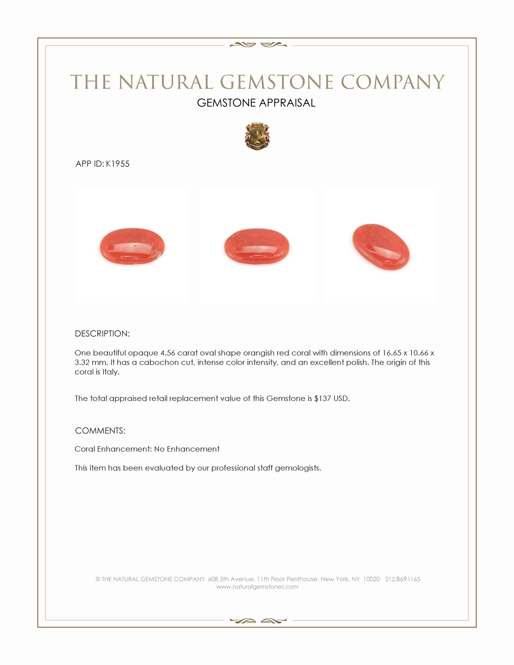 4.56 Ct. Cabochon Coral from Italy