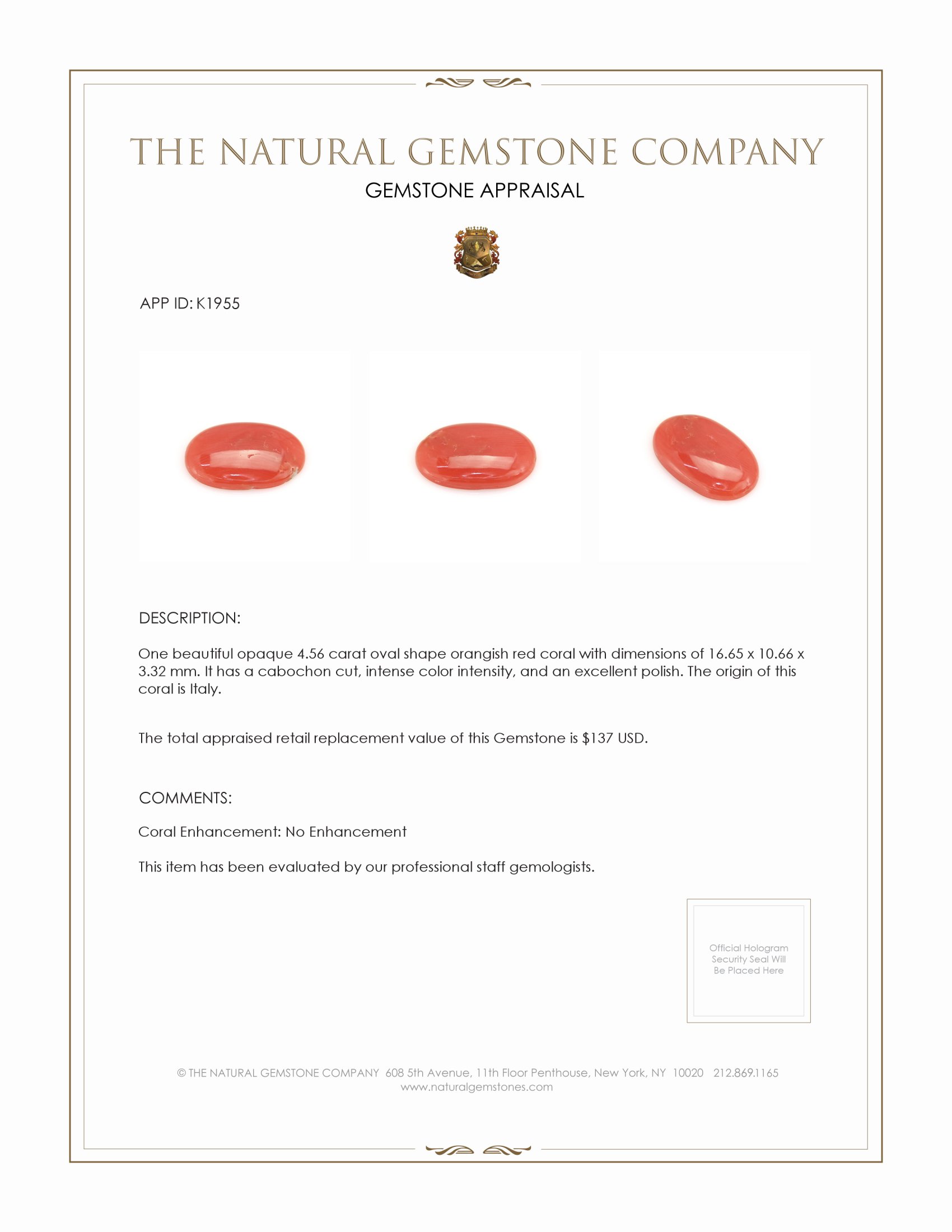 4.56 Ct. Cabochon Coral from Italy