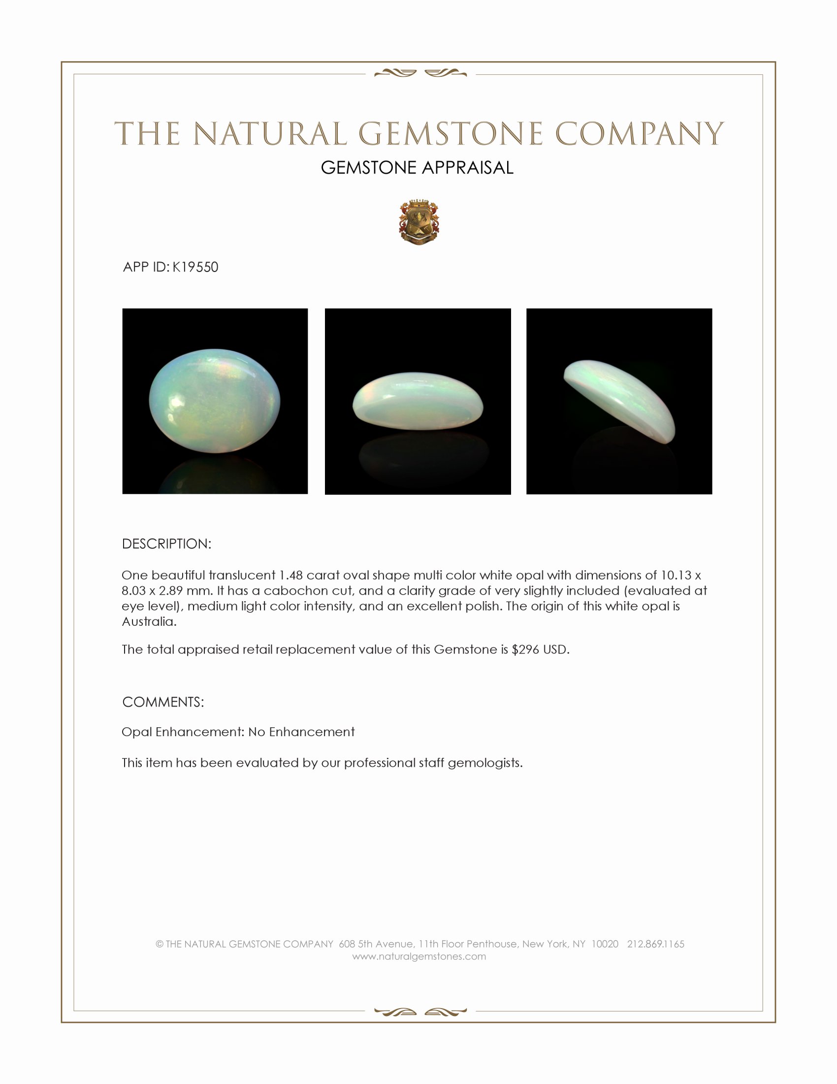 1.48 Ct. Multi Color Cabochon White Opal (Light Opal) from Australia