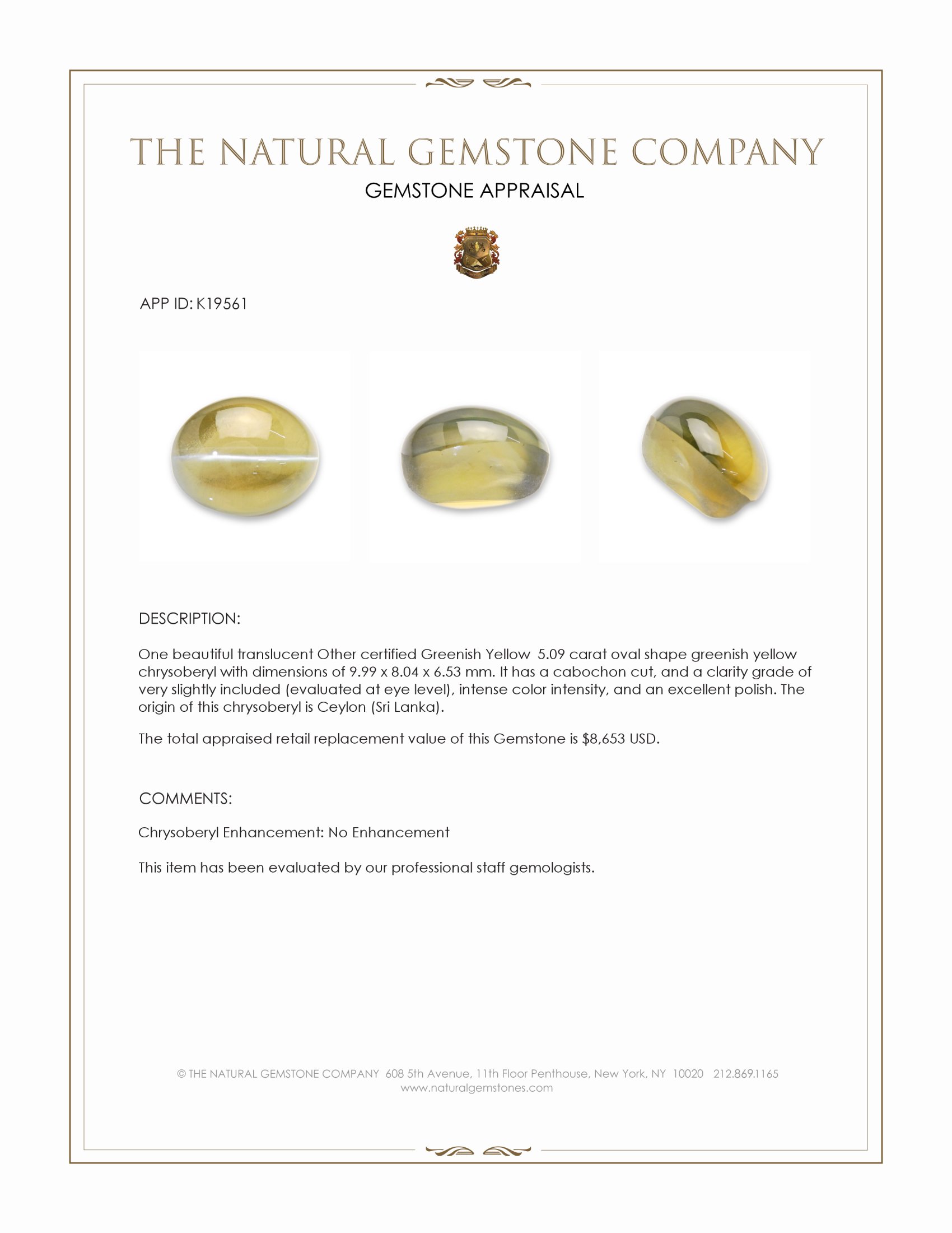 5.09 Ct. Greenish Yellow Cabochon Chrysoberyl from Ceylon (Sri Lanka)