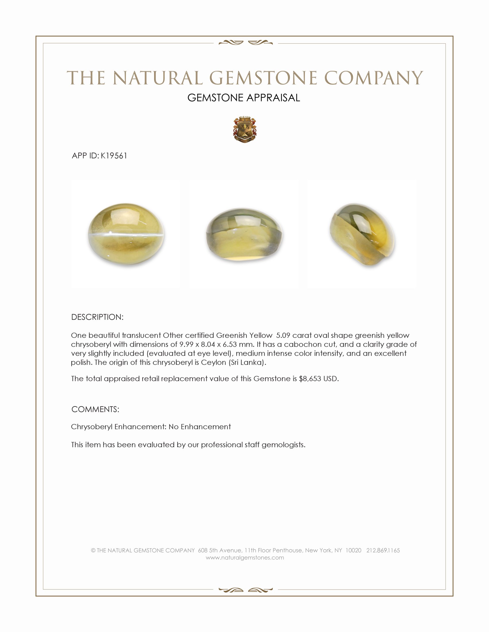 5.09 Ct. Cabochon Chrysoberyl from Ceylon (Sri Lanka)