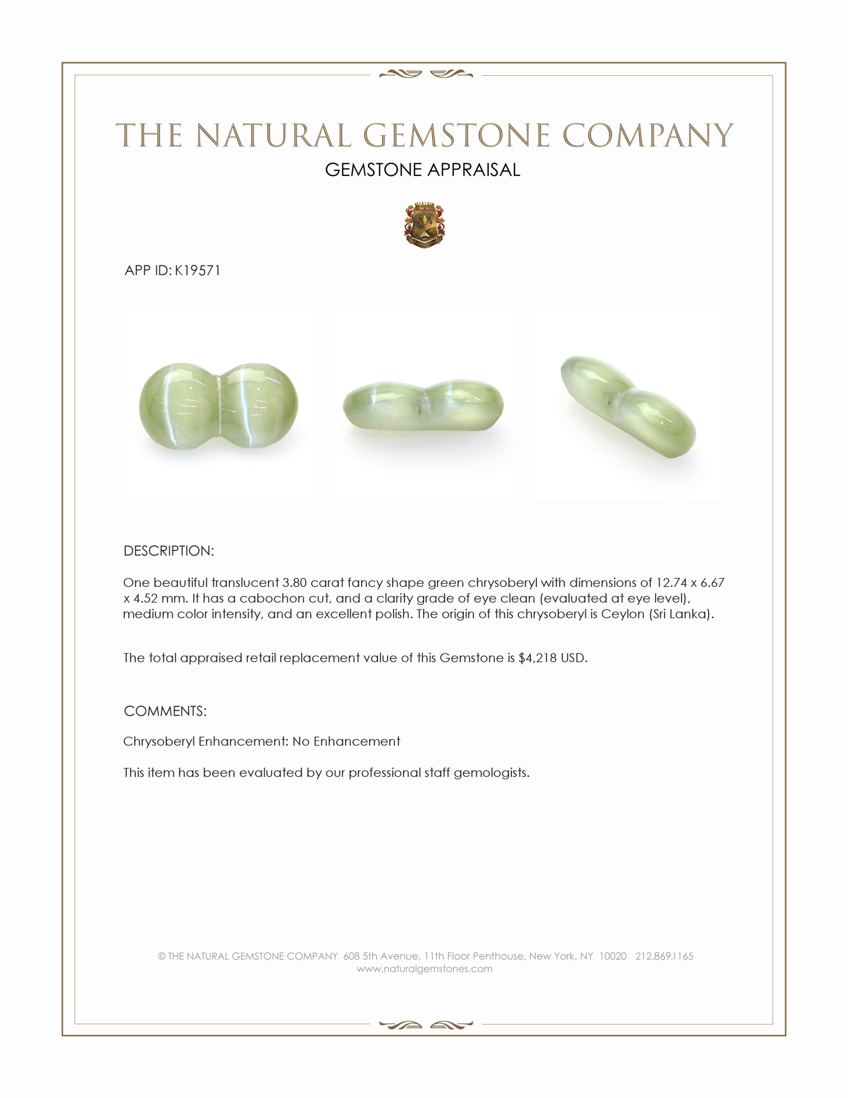 3.80 Ct. Cabochon Chrysoberyl from Ceylon (Sri Lanka)