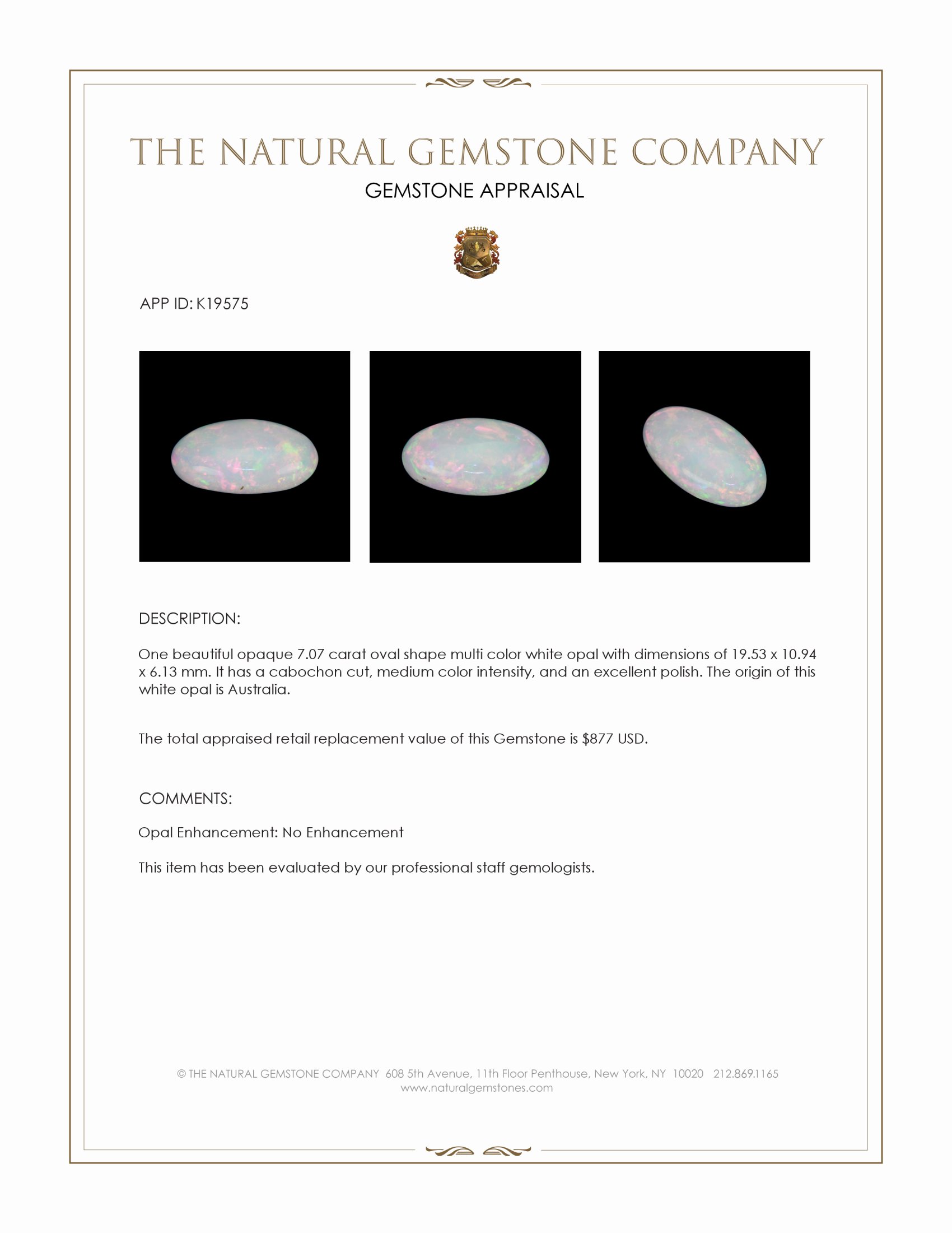 7.07 Ct. Multi Color Cabochon White Opal from Australia