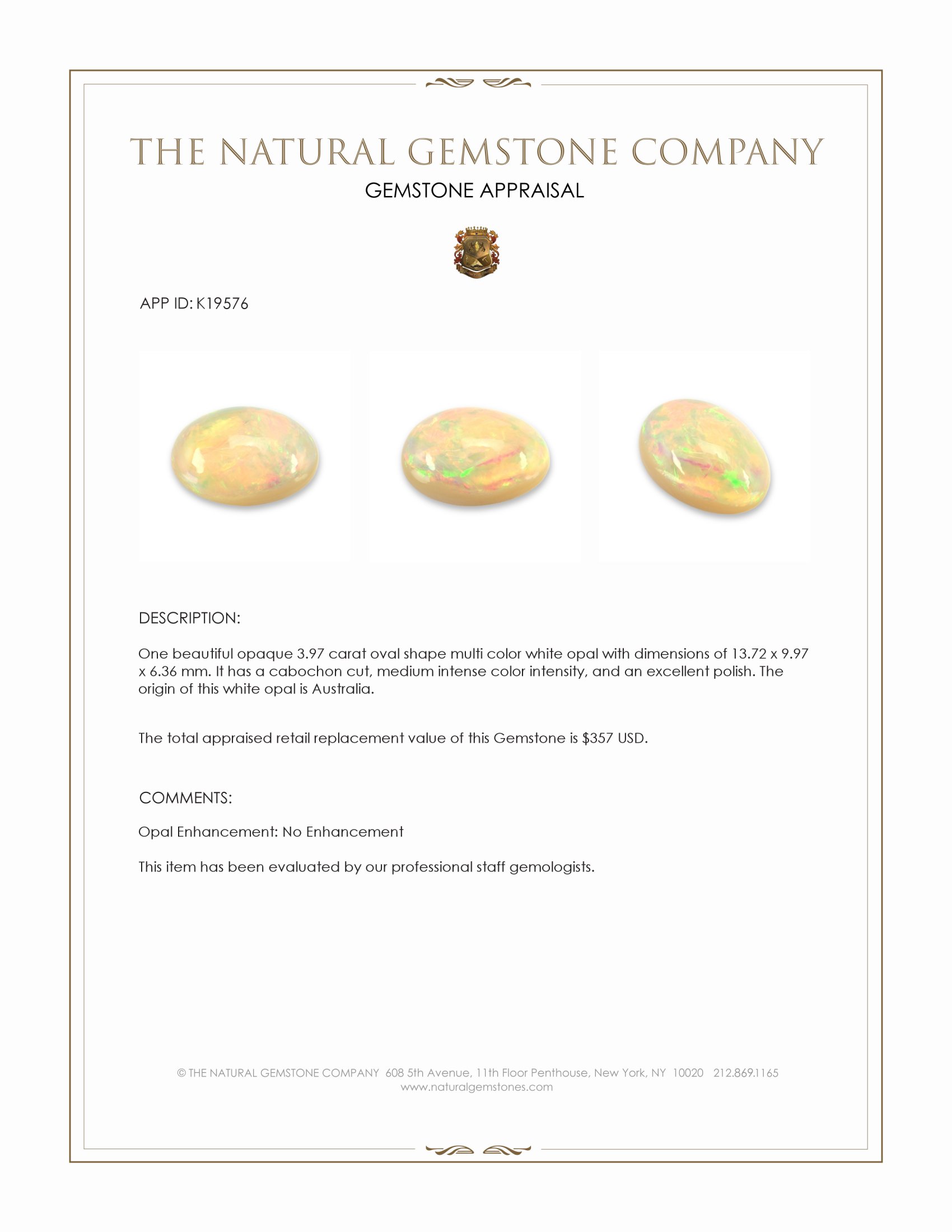 3.97 Ct. Cabochon White Opal from Australia