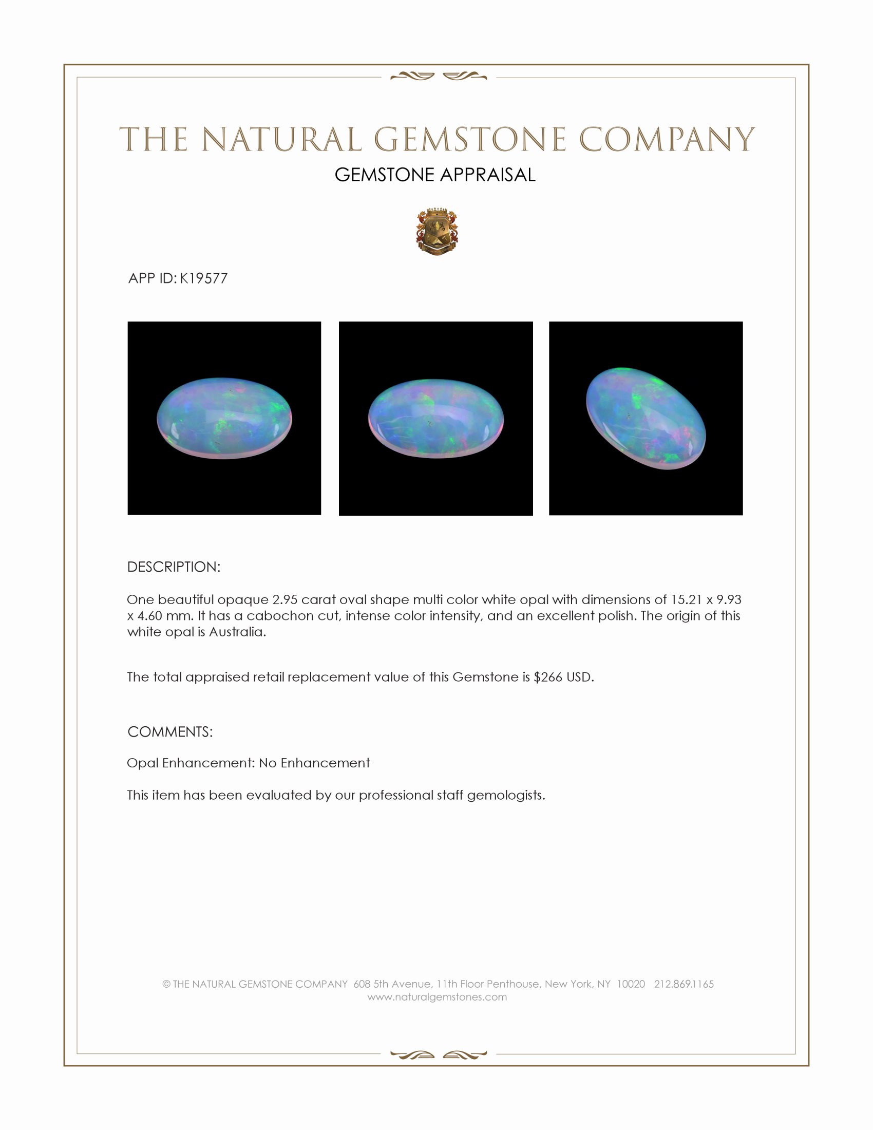 2.95 Ct. Cabochon White Opal from Australia