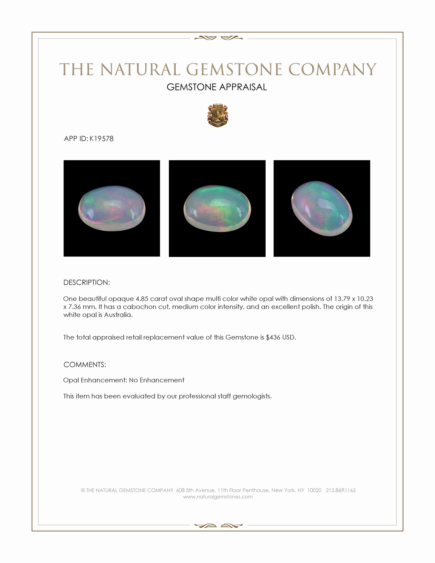 4.75 Ct. Multi Color Cabochon White Opal (Light Opal) from Australia