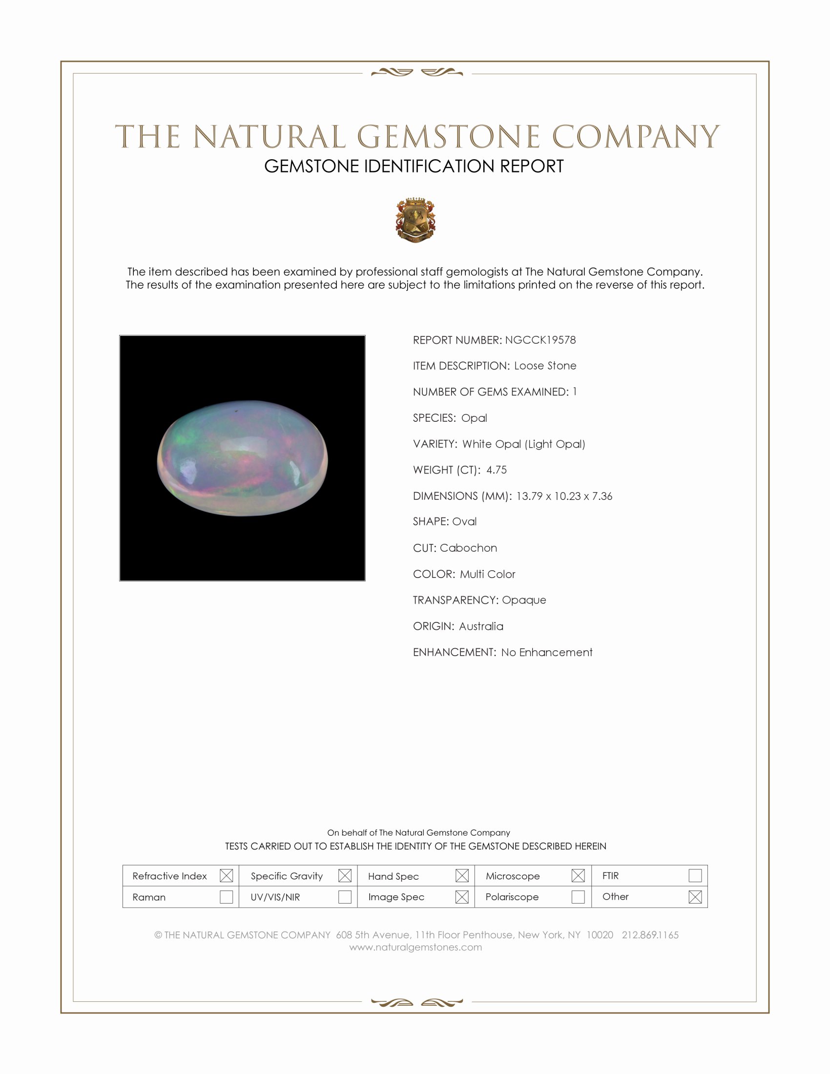 4.75 Ct. Multi Color Cabochon White Opal (Light Opal) from Australia