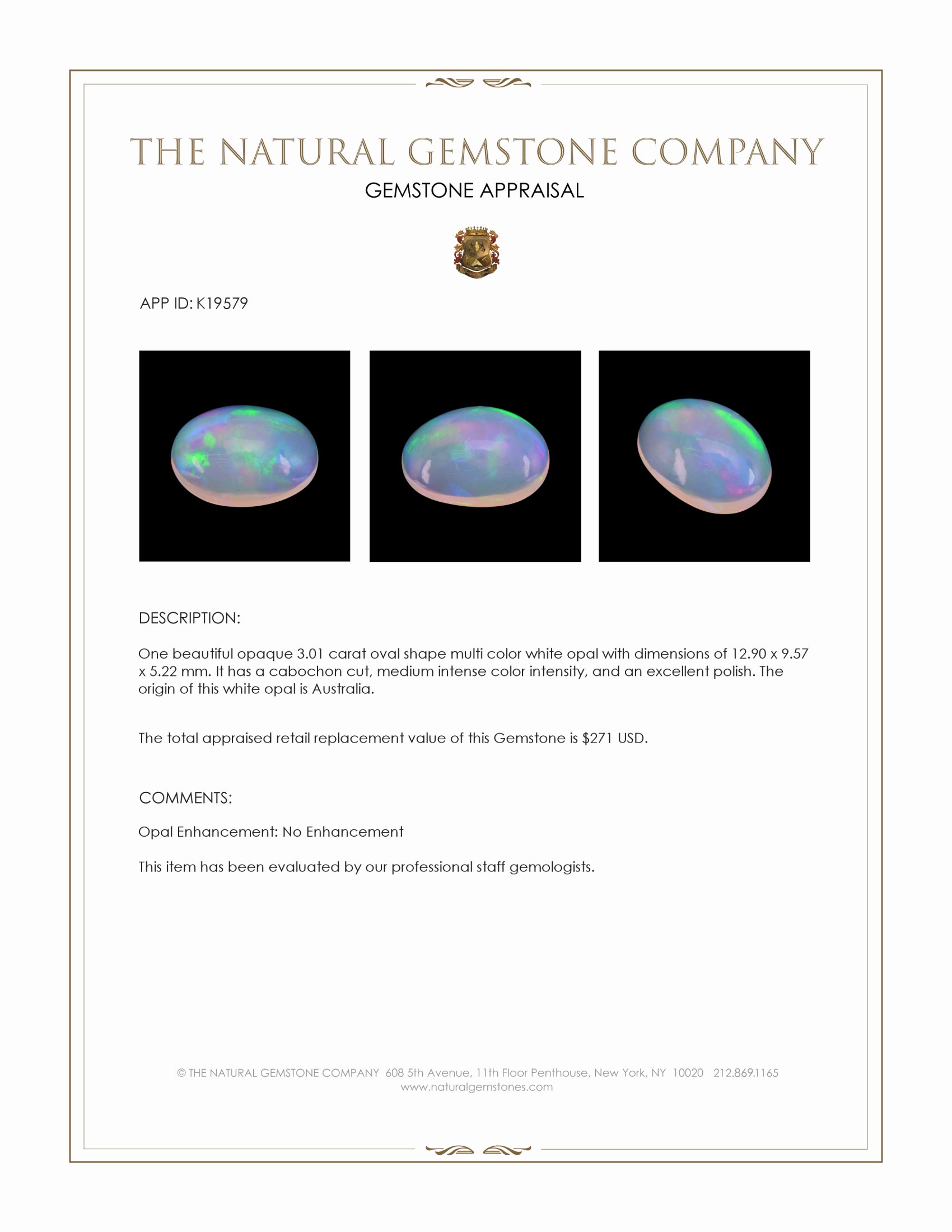 3.01 Ct. Cabochon White Opal from Australia