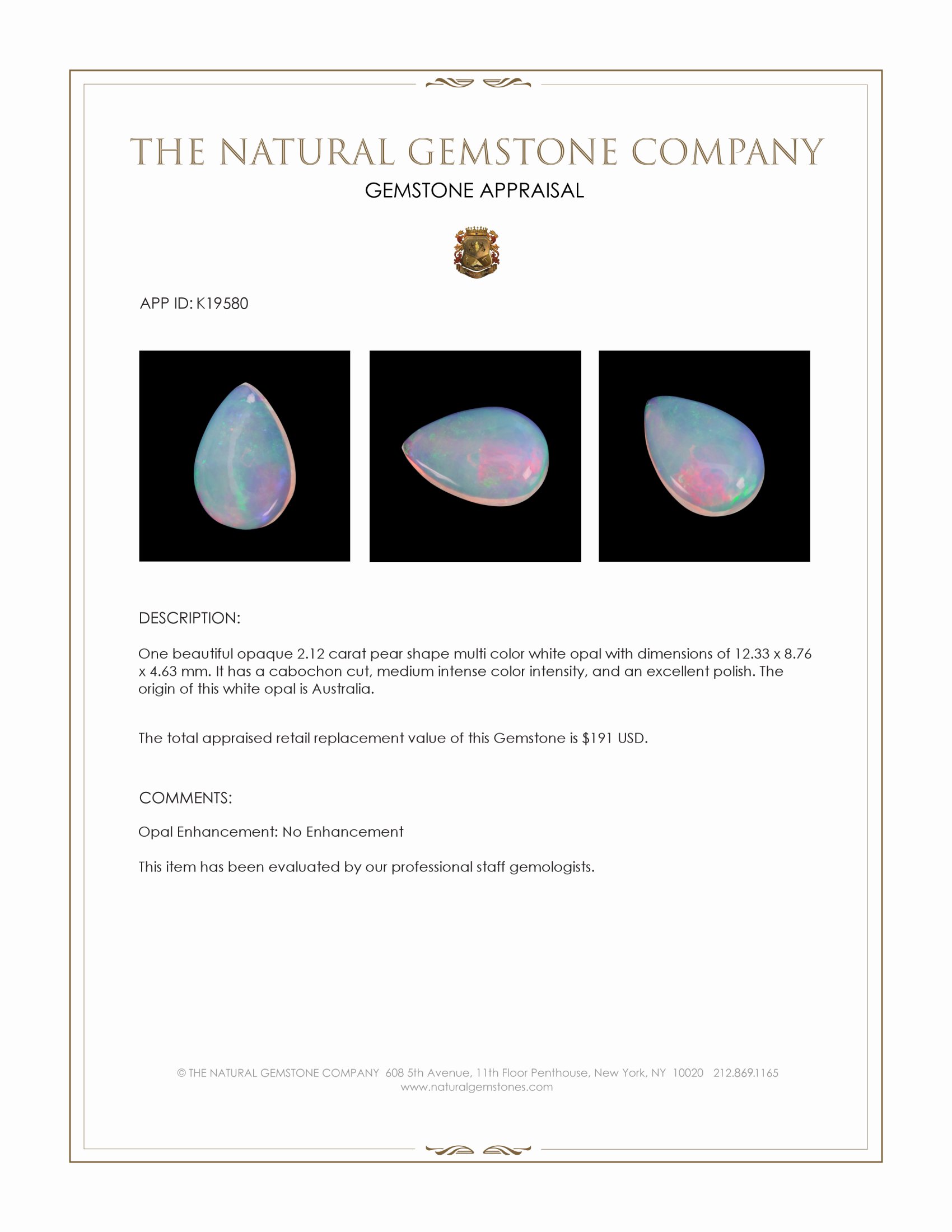 2.12 Ct. Cabochon White Opal from Australia