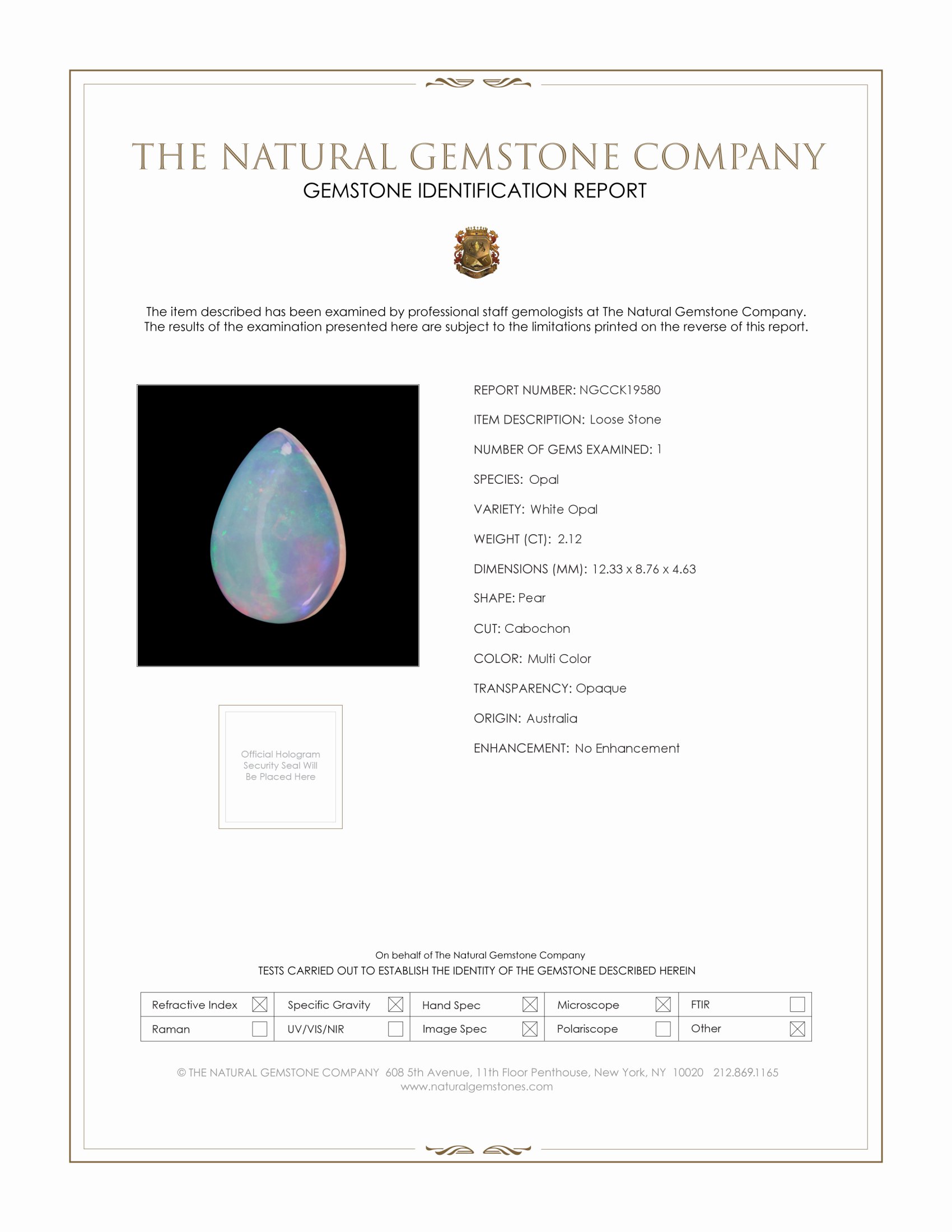 2.09 Ct. Multi Color Cabochon White Opal from Australia