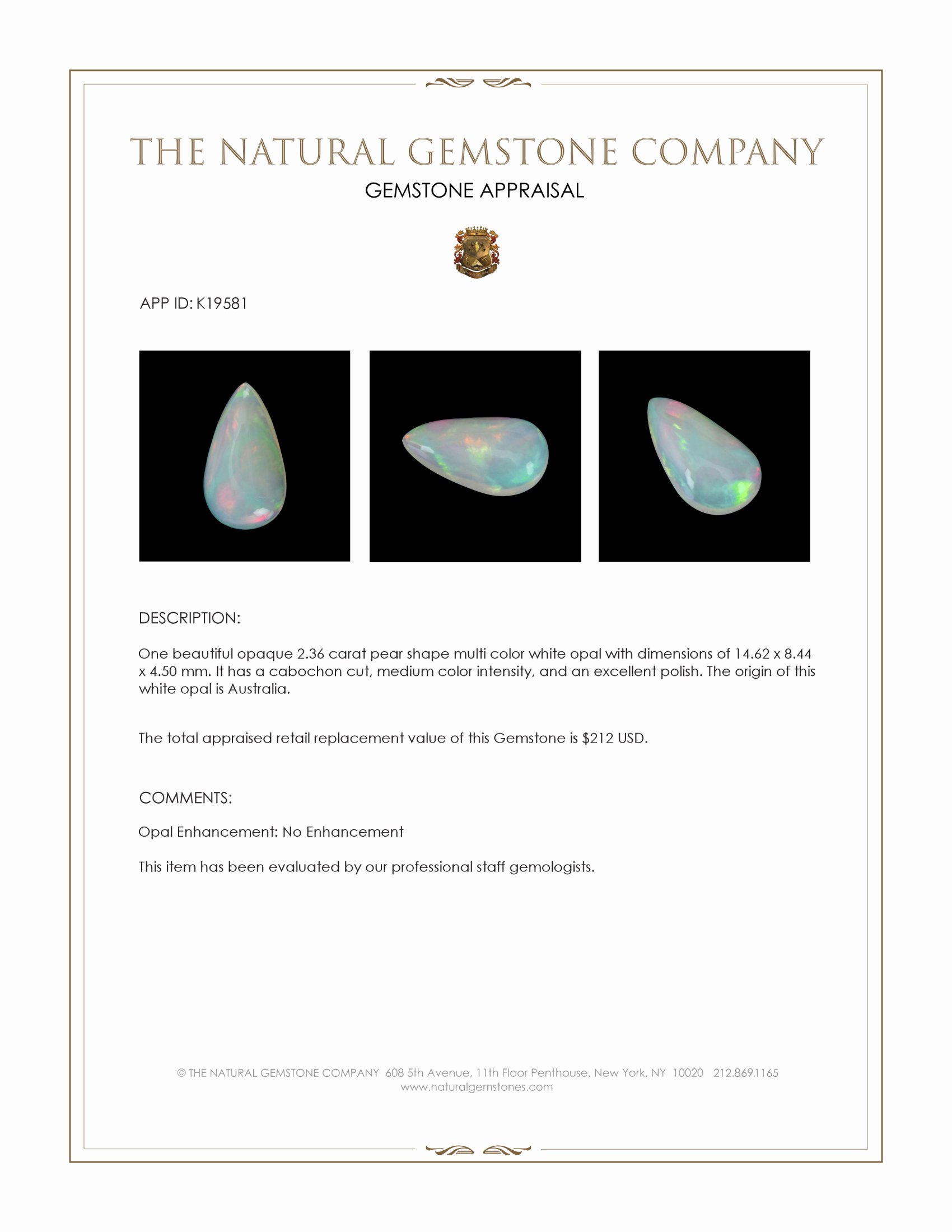 2.36 Ct. Cabochon White Opal from Australia