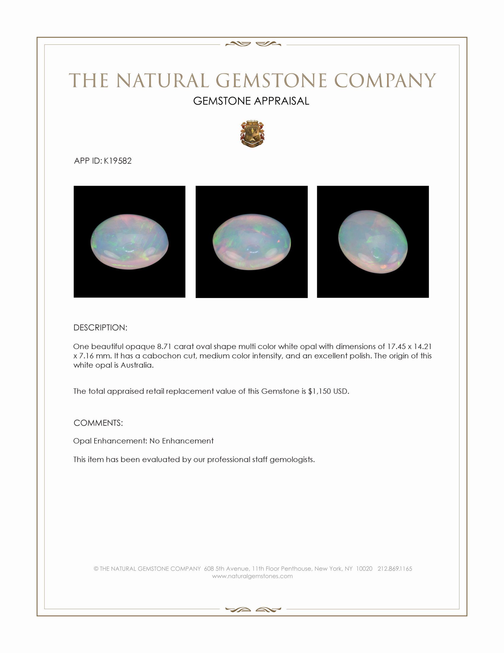 8.71 Ct. Cabochon White Opal from Australia