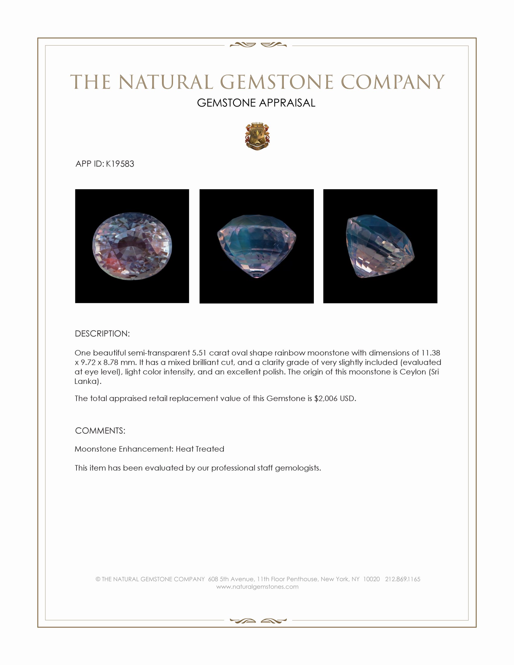 5.51 Ct. Moonstone from Ceylon (Sri Lanka)