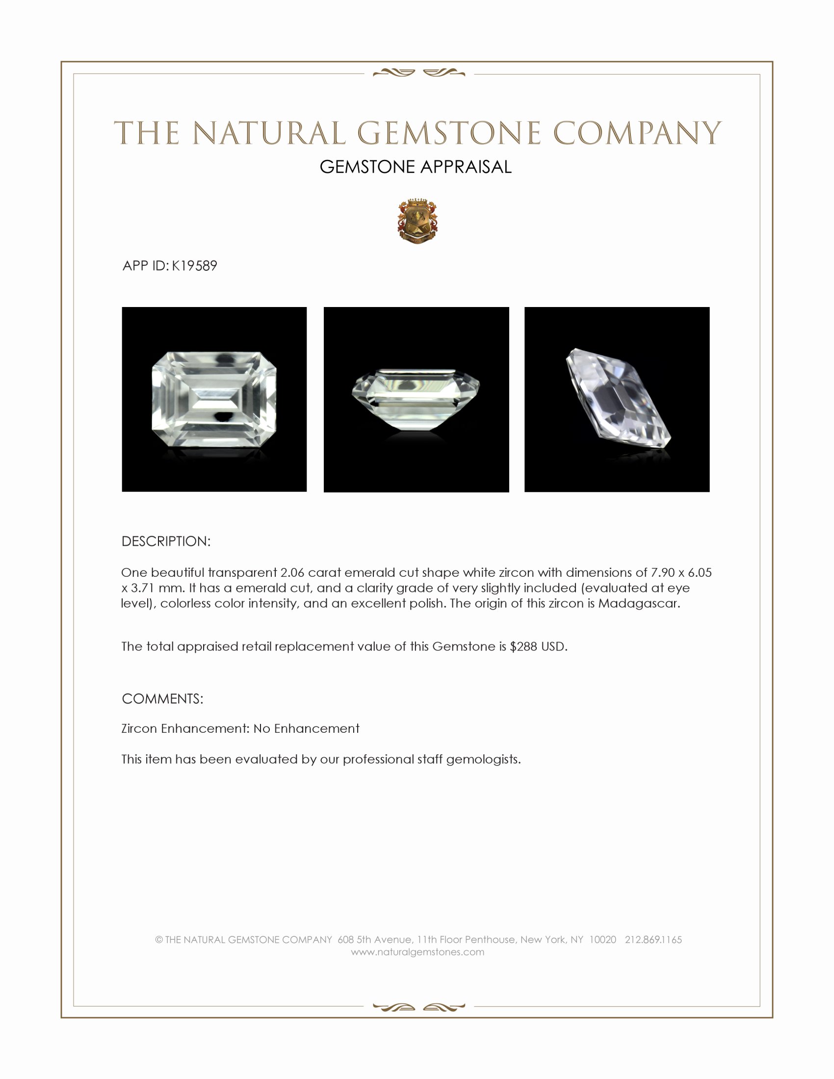 2.06 Ct. White Zircon from Madagascar