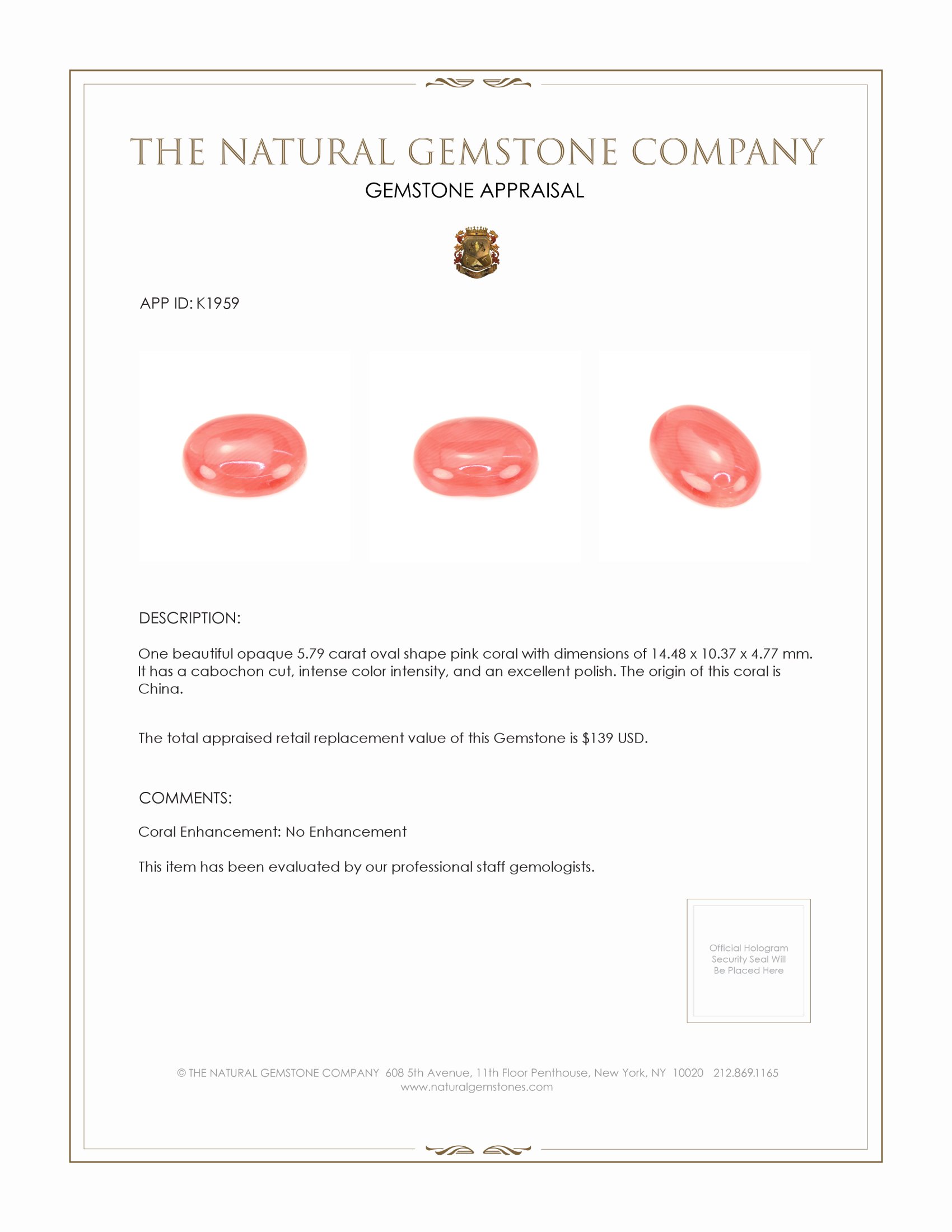 5.79 Ct. Angel Skin (Peach) Cabochon Coral from China