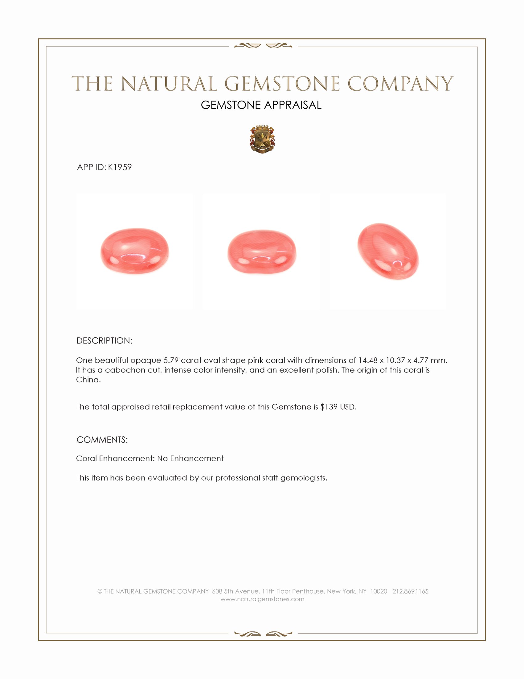 5.79 Ct. Cabochon Coral from China