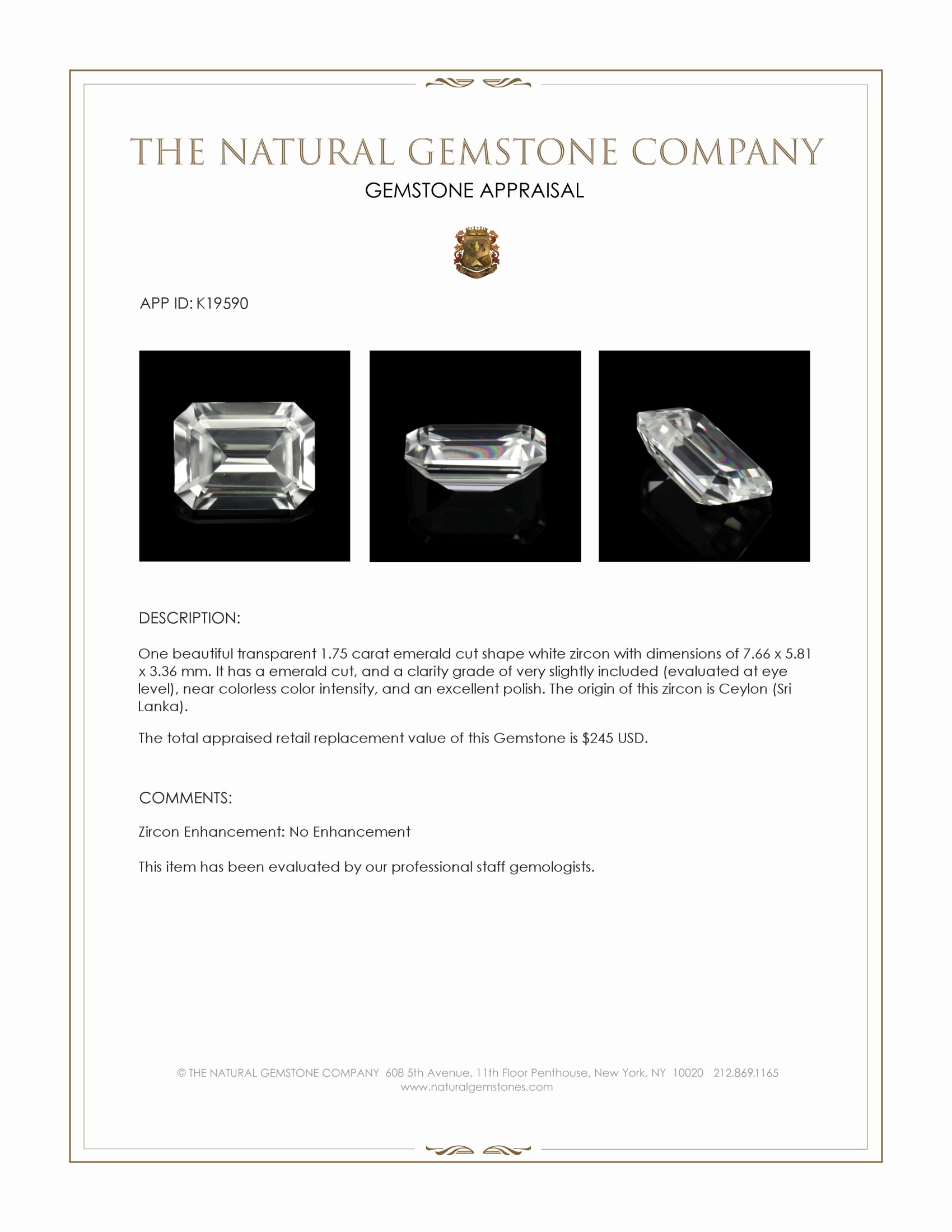 1.75 Ct. White Zircon from Ceylon (Sri Lanka)
