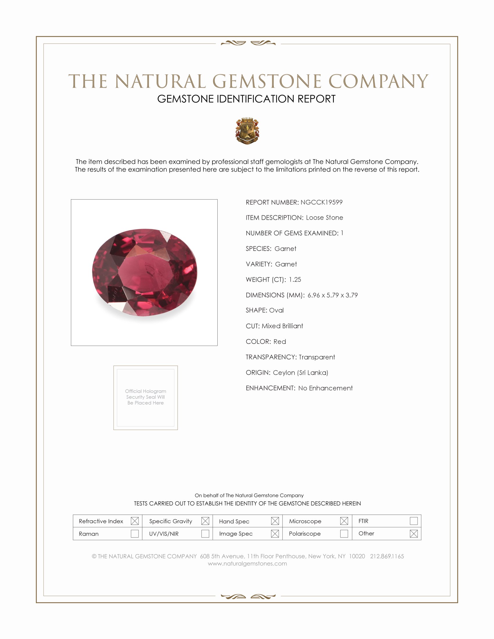 1.25 Ct. Red Garnet from Ceylon (Sri Lanka)