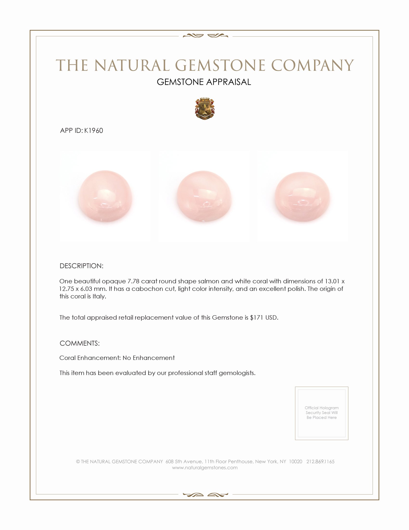 7.78 Ct. Cabochon Coral from Italy